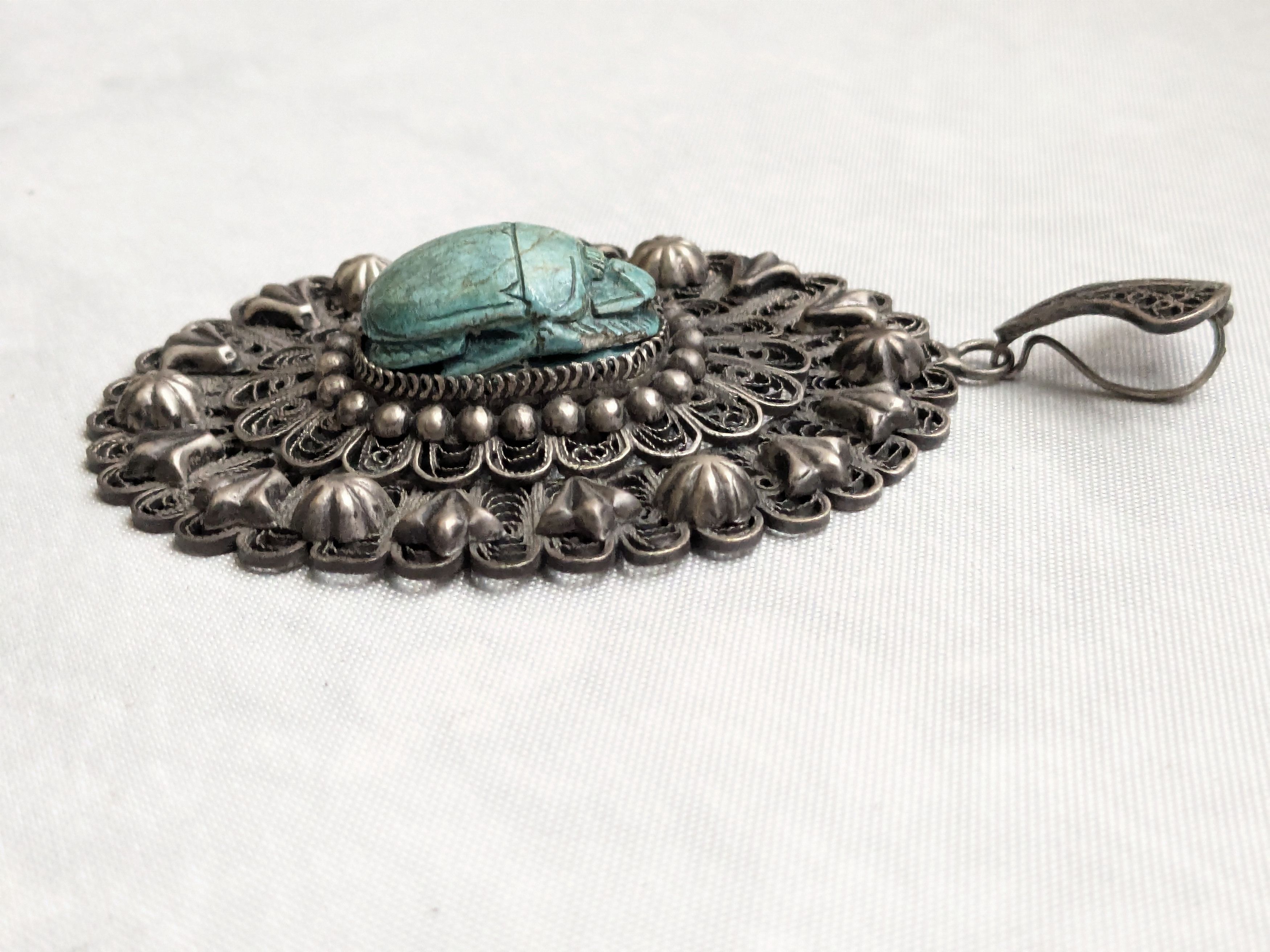 Jewelry Egyptian Silver Scarab Pendant Filigree Faience Blue Oval Size ONE SIZE - 5 Thumbnail