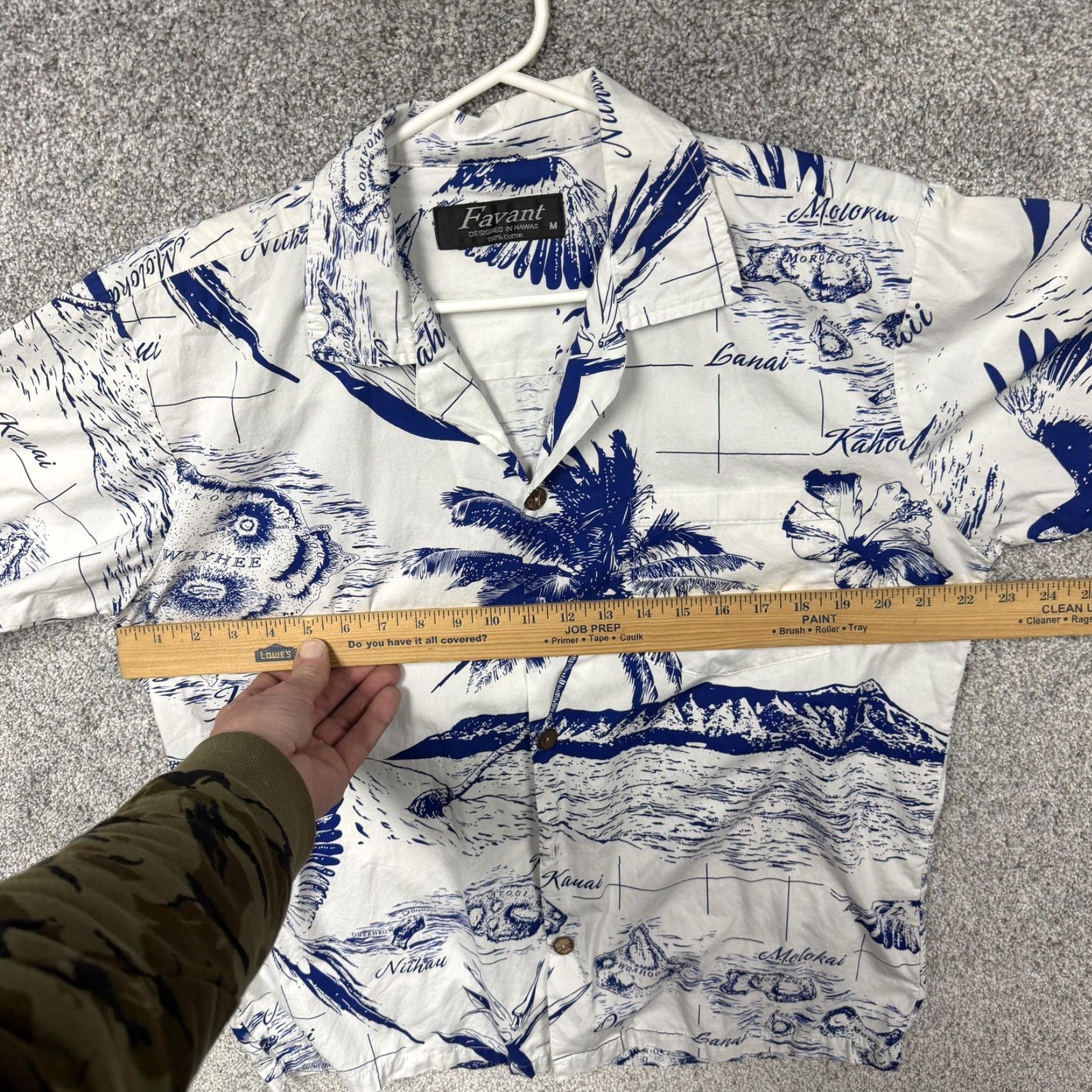 Vintage Favant Shirt Mens M Blue White Hawaiian Map Aloha Beach Summer Button-Up Short Sleeve Casual Tropic Graphic Print Cotton Size US M / EU 48-50 / 2 - 3 Thumbnail