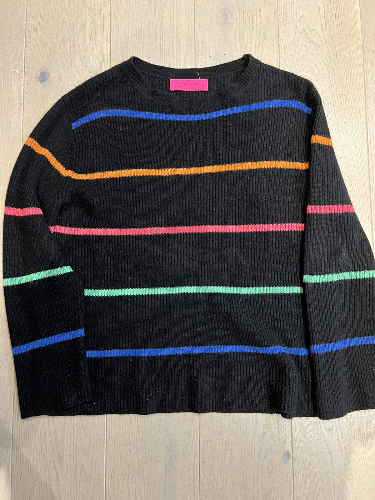image of The Elder Statesman Multi Color Rainbow Striped Cashmere Knit Sweater in Black, Men's (Size Medium)