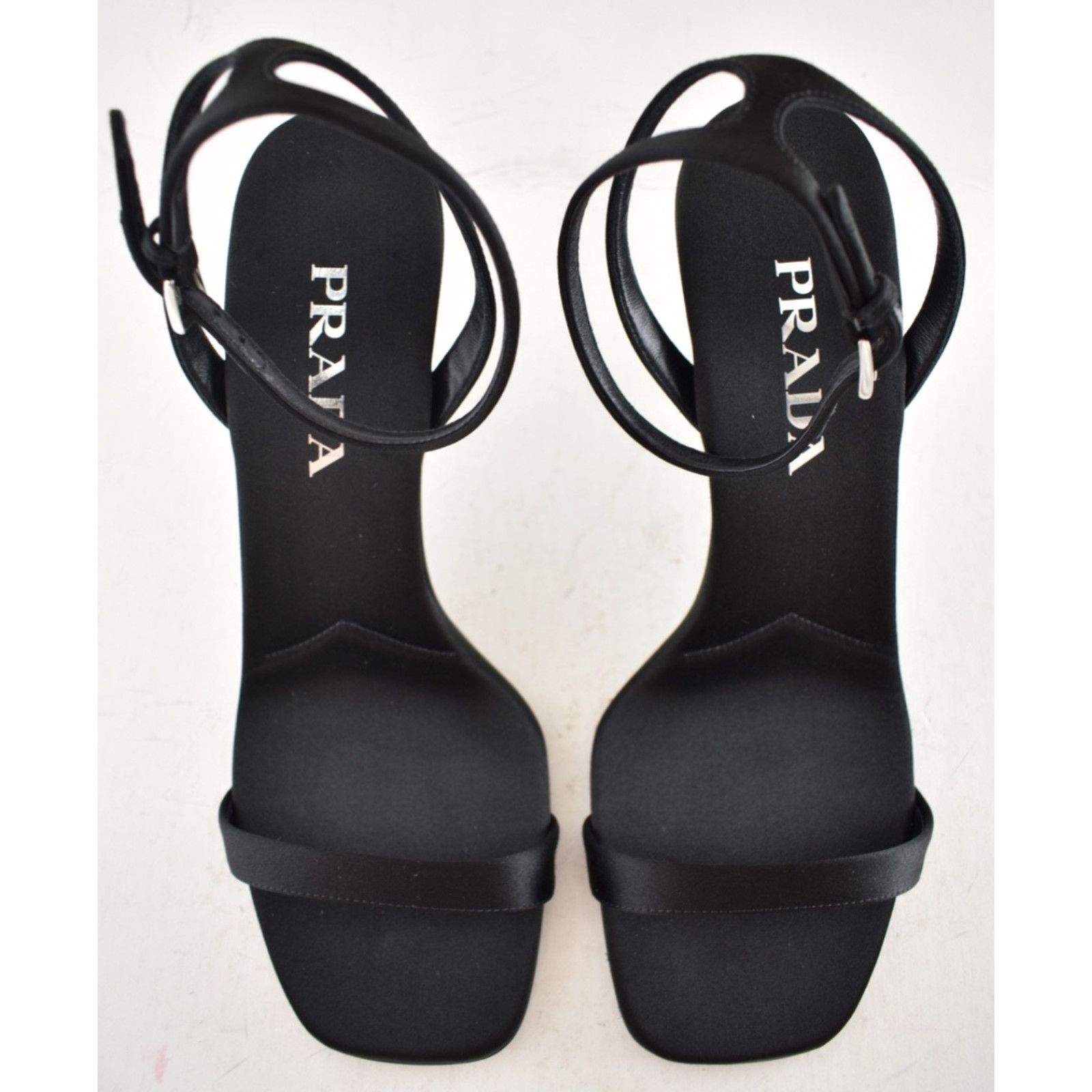 Prada Prada 85mm Black Satin Logo Geometric Heel Sandal 39 Size US 9 / IT 39 - 14 Thumbnail