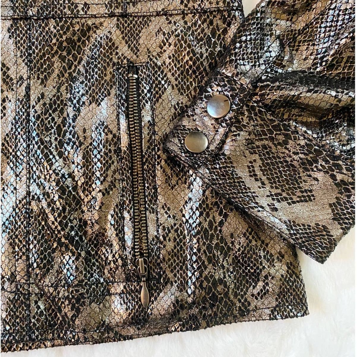 Chicos Chico’s Black Bronze Metallic Zip Jacket Snake Python Print Size M / US 6-8 / IT 42-44 - 14 Thumbnail