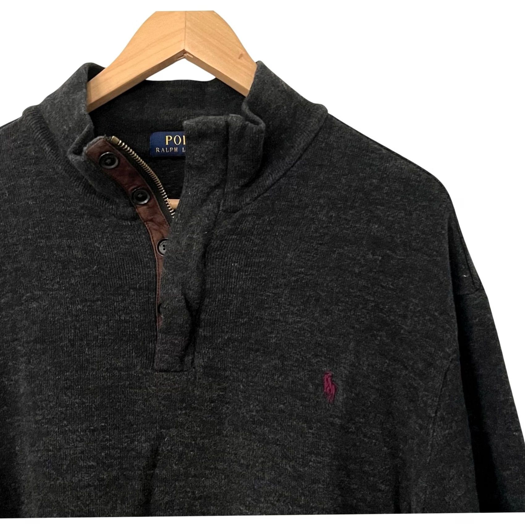 Polo Ralph Lauren Polo Ralph Lauren Men’s XL 1/4 Zip Pullover Leather & Buttons 100% Cotton Gray Knit Sweater Mock Neck Mens Size US XL / EU 56 / 4 - 2 Thumbnail