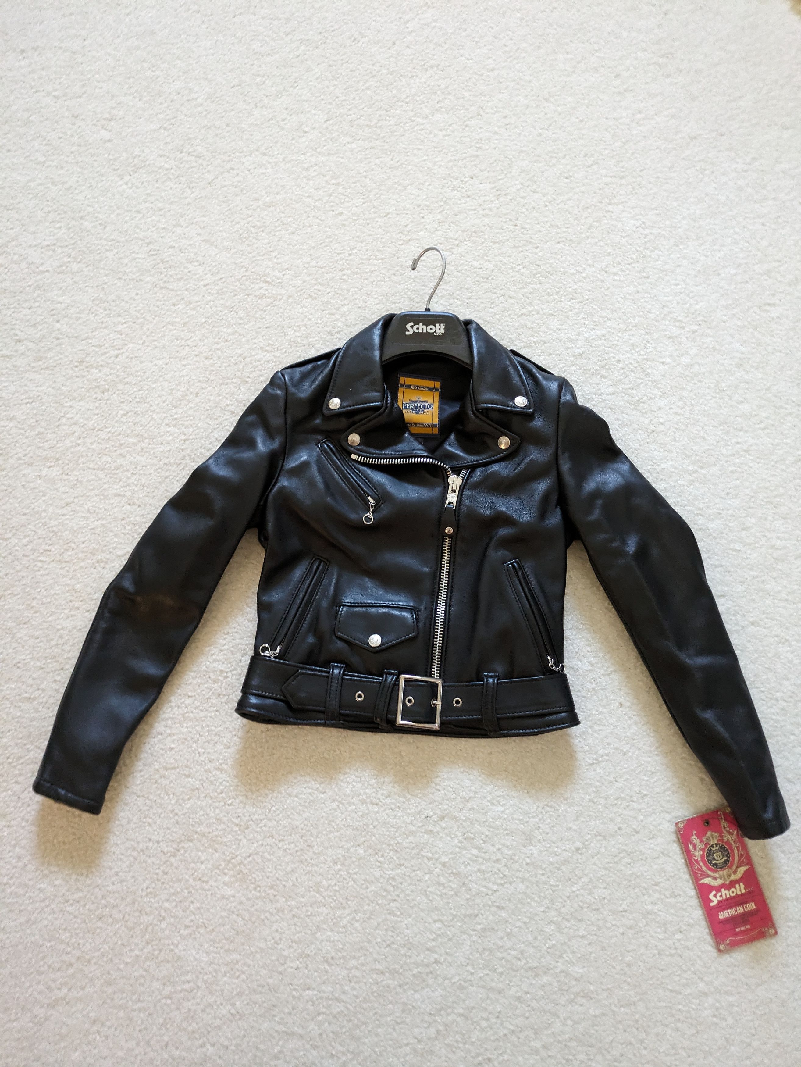 image of Made In USA x Schott Women's One Star Perfecto Black Cropped Leather Jacket (Size XS)