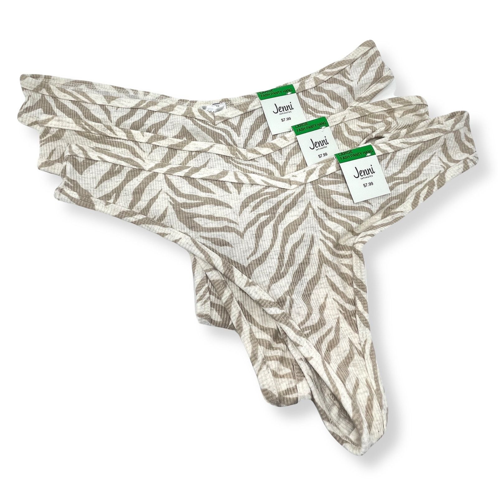 Jenni New 3 Piece Fashion Panty Thong Panties Size L Tiger in White, Women's
