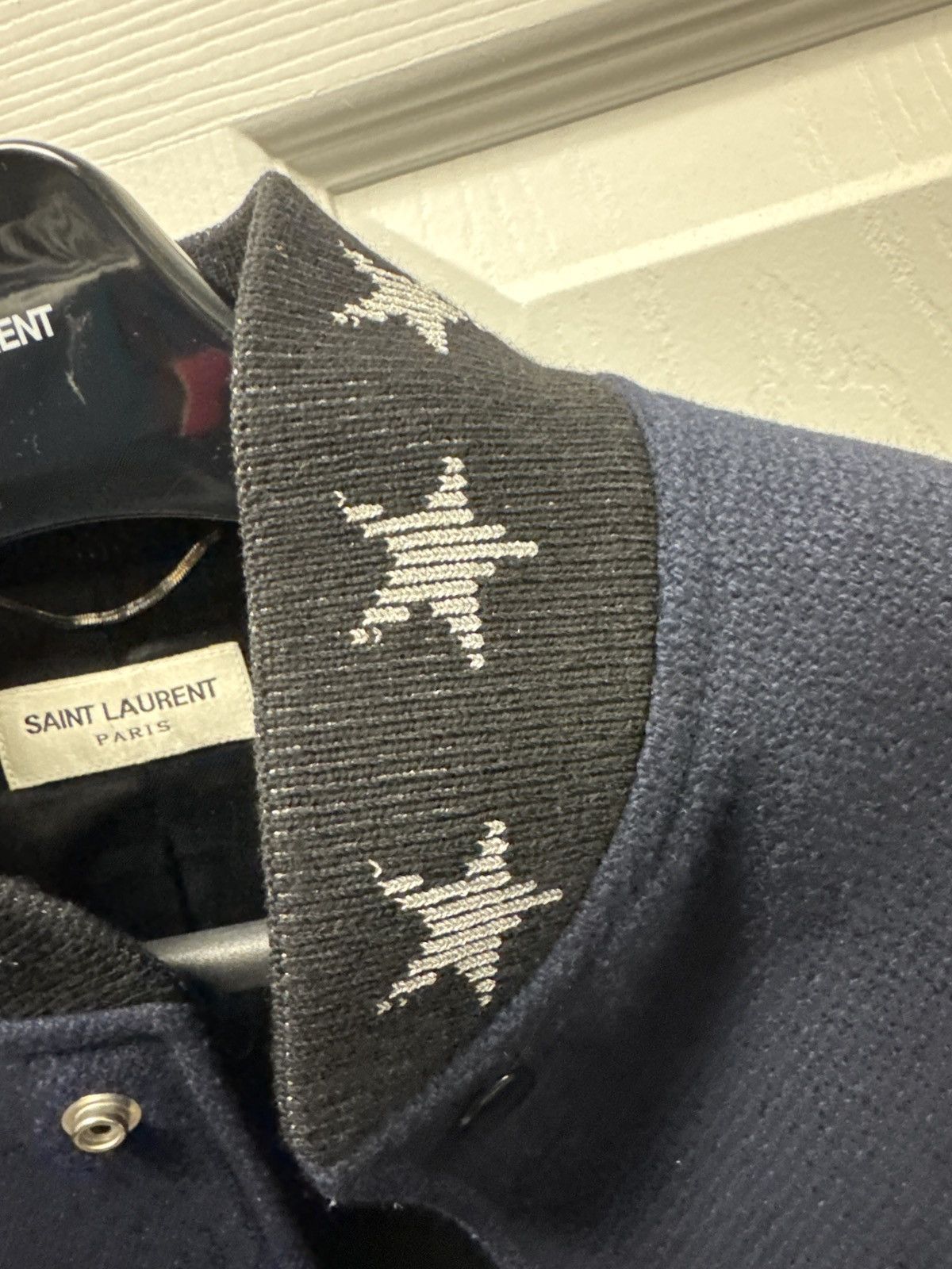 Saint Laurent Paris Saint Laurent Navy Wool Tweed Leather Stars Varsity Jacket Size US M / EU 48-50 / 2 - 5 Thumbnail