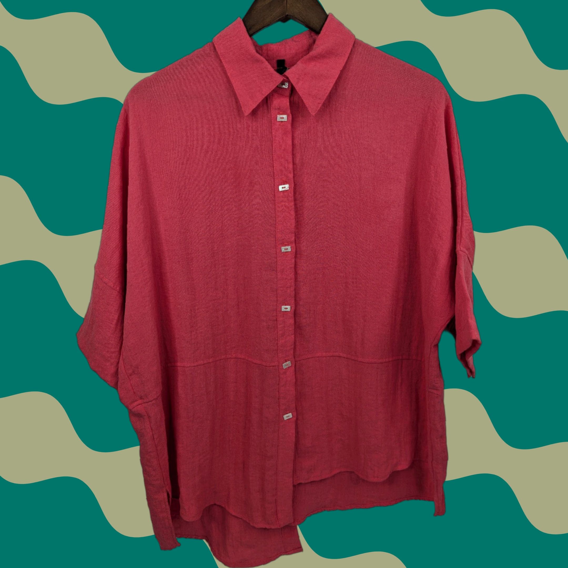 Vintage IC by CONNIE K Womens M Tunic Button-Up Knit Cotton Nylon Pink Red Bohemian Style Casual Sleeve Mix Modern Lagenlook Rectangle Buttoned Shirt Top Size M / US 6-8 / IT 42-44 - 1 Thumbnail