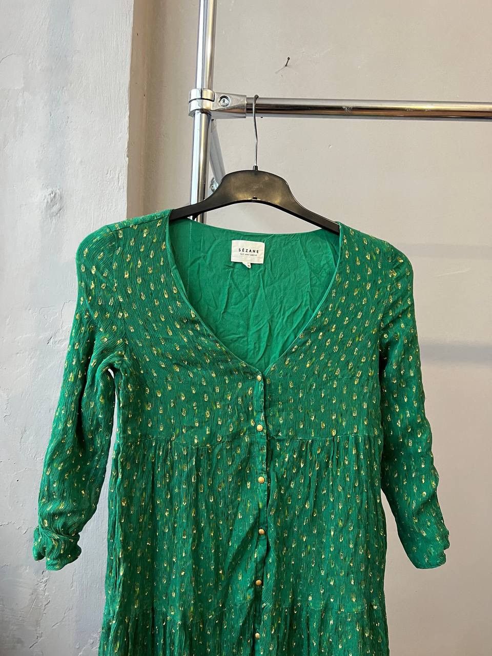 SEZANE PARIS AVEC AMOUR SILK GREEN GOLD EDITION DRESS SZ 40