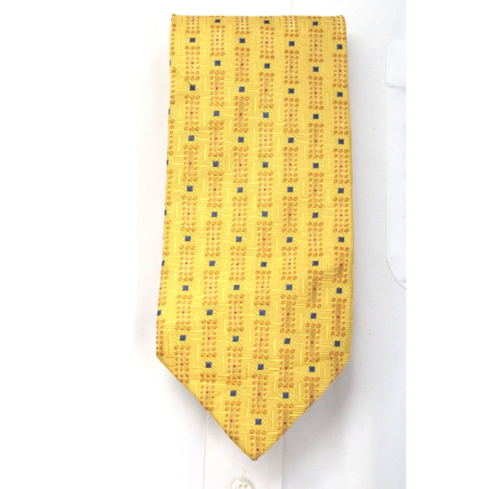 Jos. A. Bank NWT Jos A Bank Necktie Mens Yellow Polka Dot Silk Tie Textured Stylish 58.5" Long 3.75" Wide Square Tie Designer Preppy Tall Size ONE SIZE - 2 Thumbnail