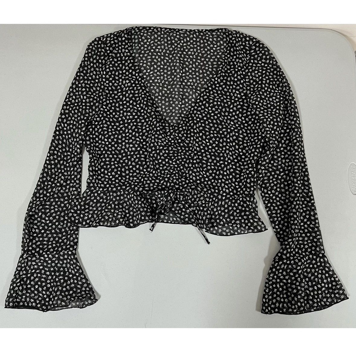 Vintage Black Ditzy Floral Ruched Long Sleeve Shirt Blouse Size M 🖤 Size M / US 6-8 / IT 42-44 - 2 Thumbnail