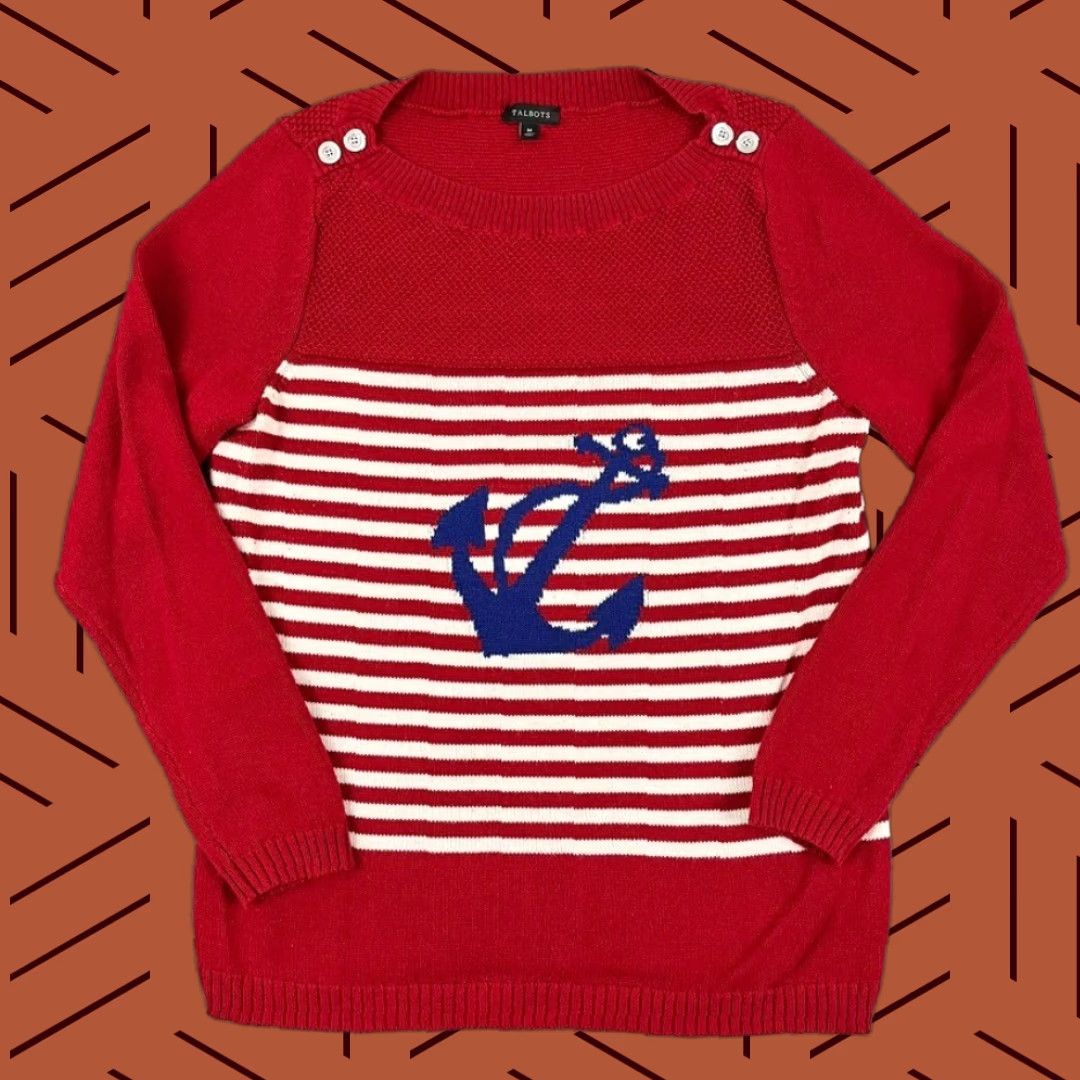 Talbots Talbots Sweater Womens Medium Red White Striped Anchor Nautical Coastal Knit Pullover Crew Neck Size M / US 6-8 / IT 42-44 - 1 Thumbnail