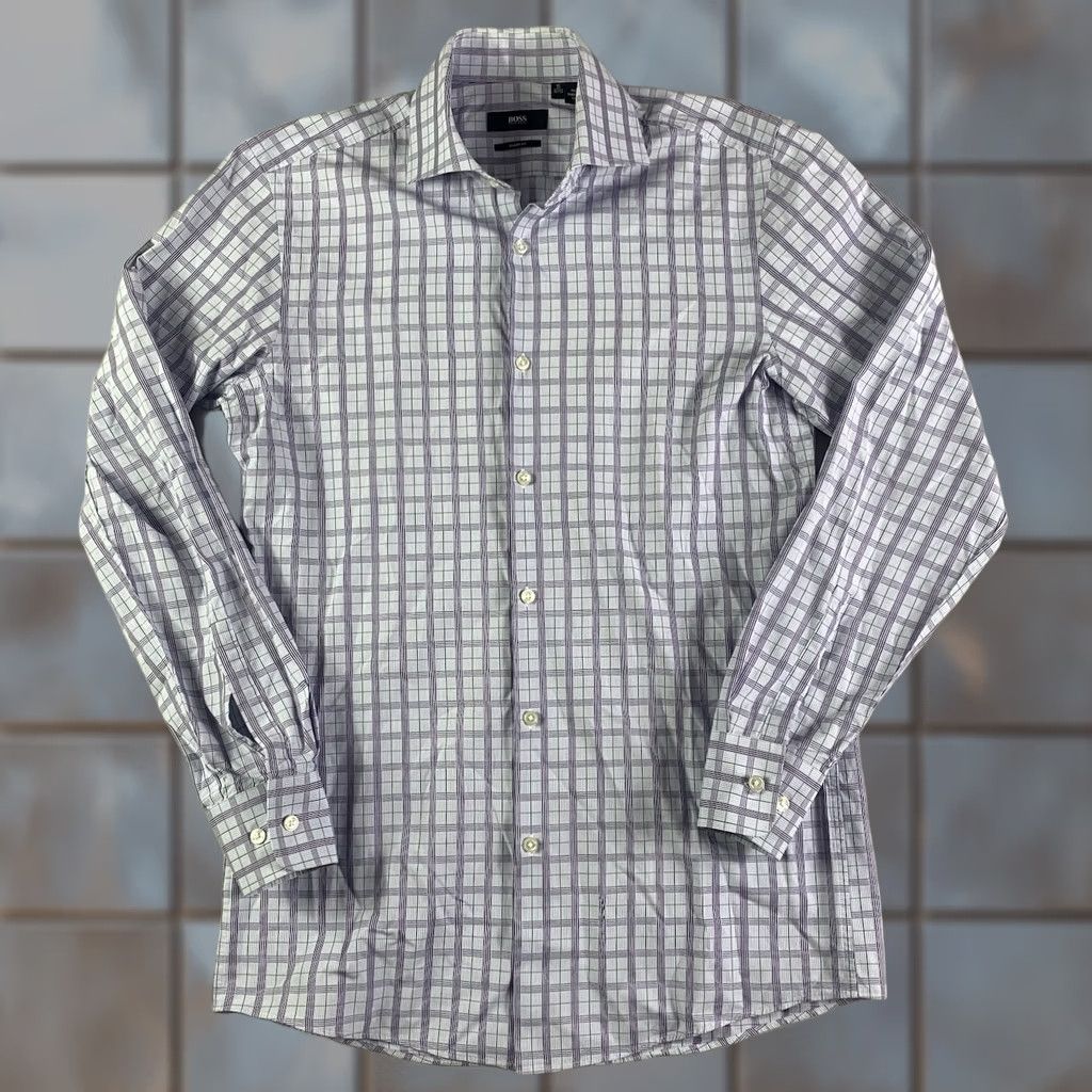 Hugo Boss HUGO BOSS Dress Shirt Men 15 32/33 Blue Plaid Collar Shirt Regular Long Sleeve Button Cuff Size 40R - 1 Thumbnail