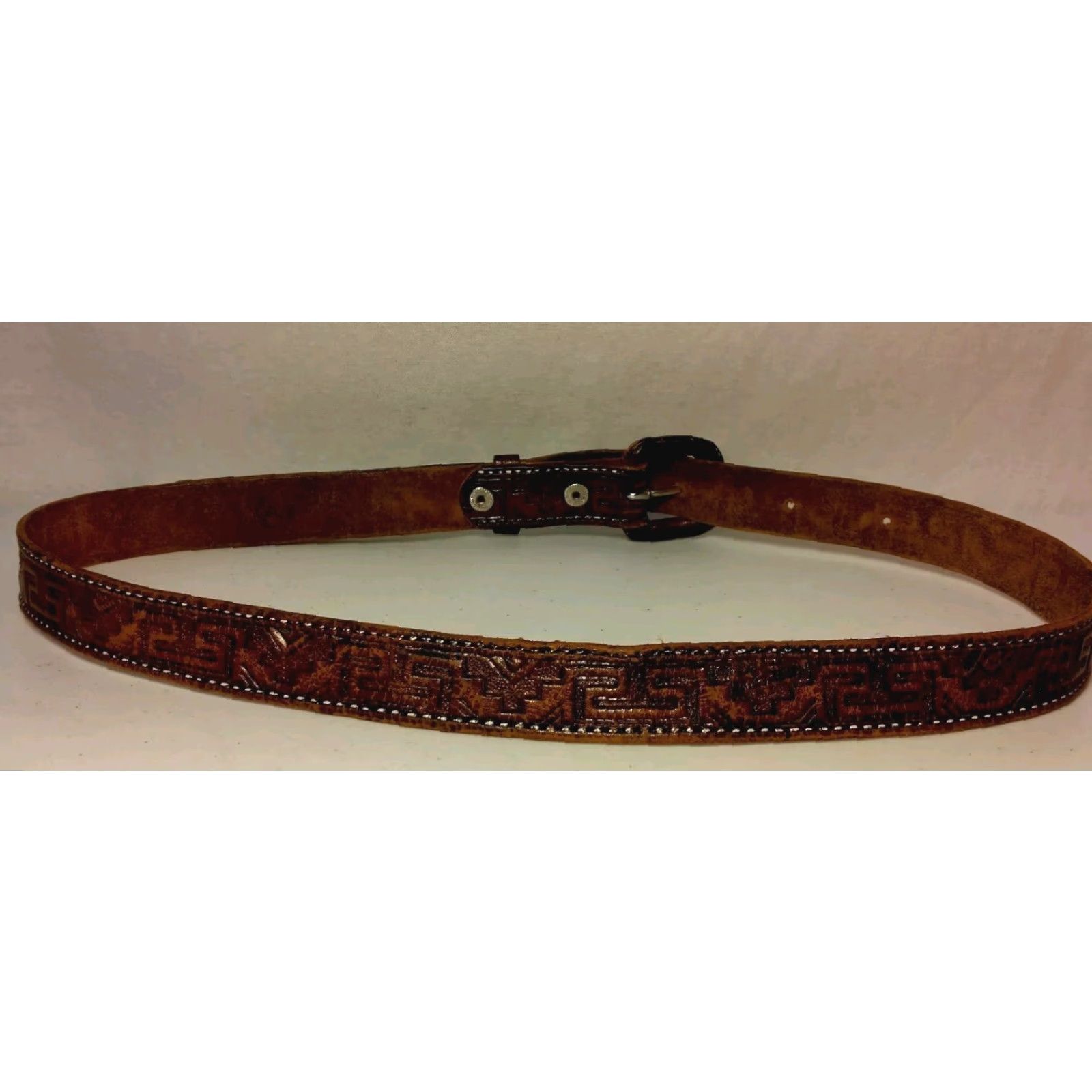 Vintage Vintage Hand Tooled Leather Belt Women Mexico Aztec Tribal Brown Distressed 1" Size ONE SIZE - 2 Thumbnail