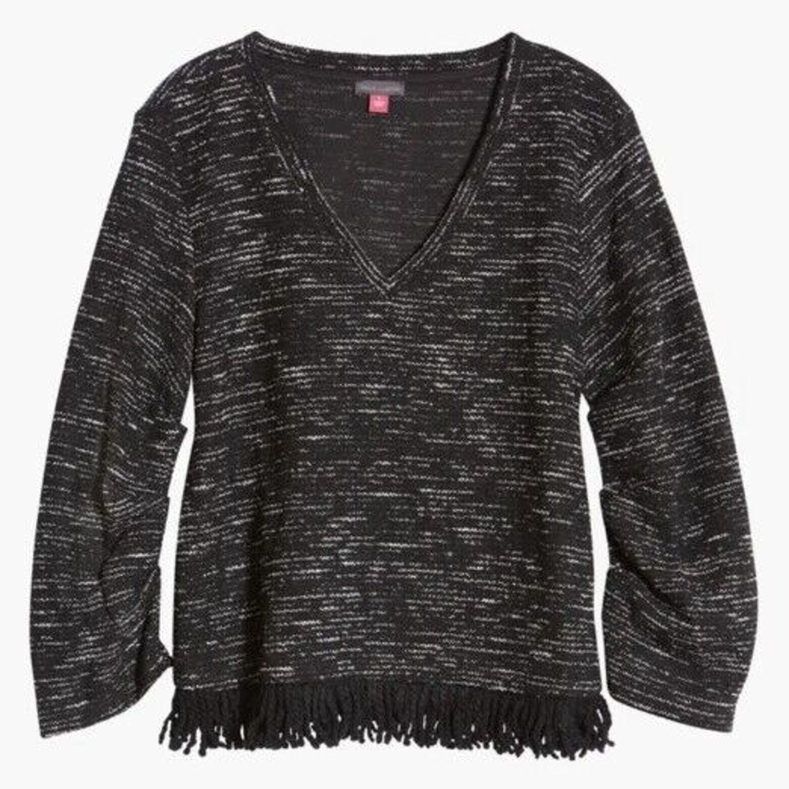 Vince Camuto Women Black Casual Fringe-Trim V-neck Top L