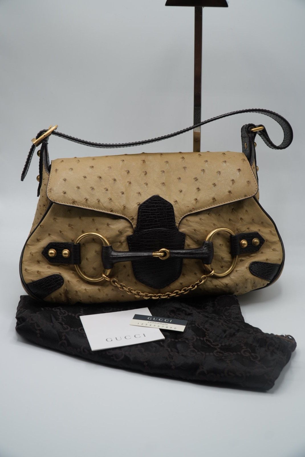 Gucci Gucci Brown Ostrich Horsebit Shoulder Bag Size ONE SIZE - 1 Thumbnail