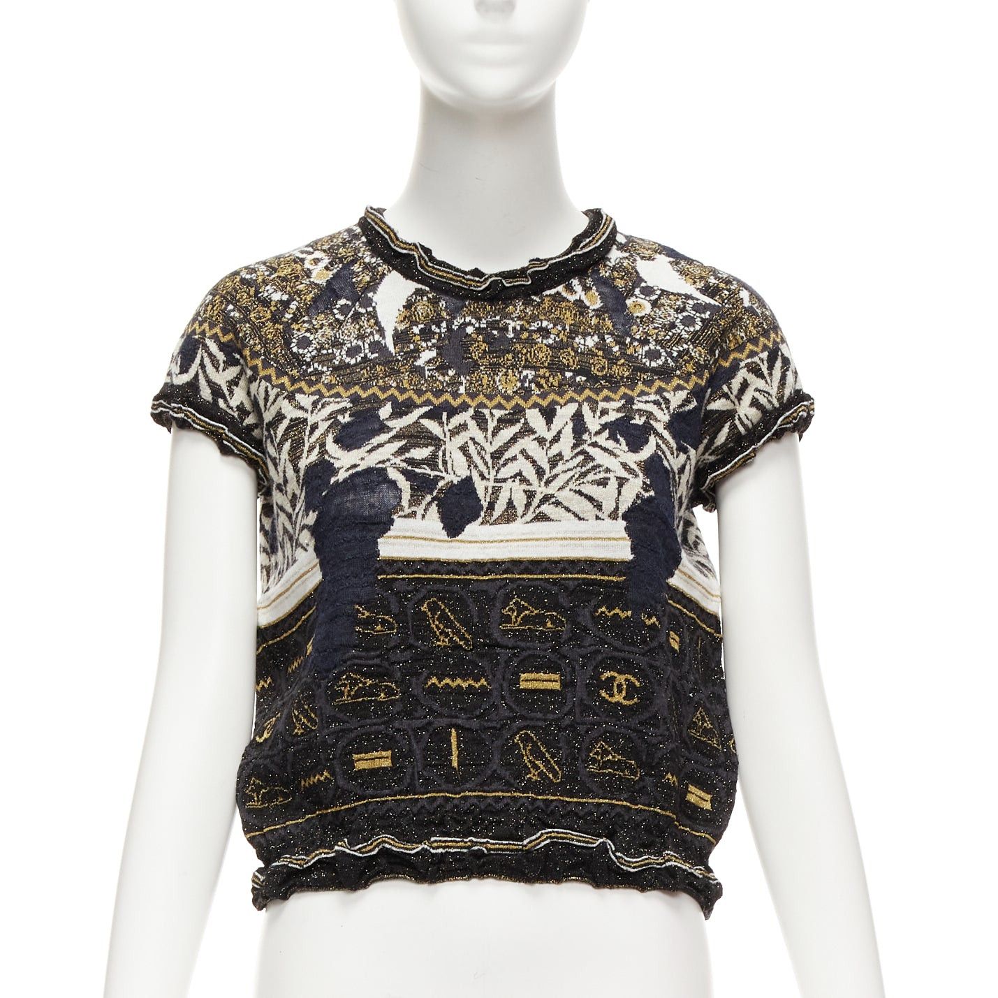 CHANEL 2019 Runway black gold Egyptian Hieroglyphics CC logo cap sleeve sweater FR36 S