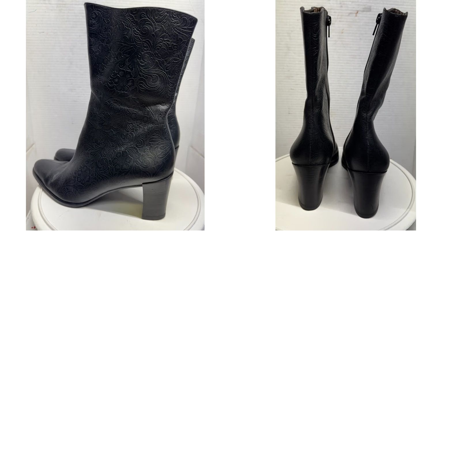 Vintage A Marinelli Archer Tooled Embossed Leather Boots Black Women 7.5M 38 Size US 8 / IT 38 - 9 Thumbnail