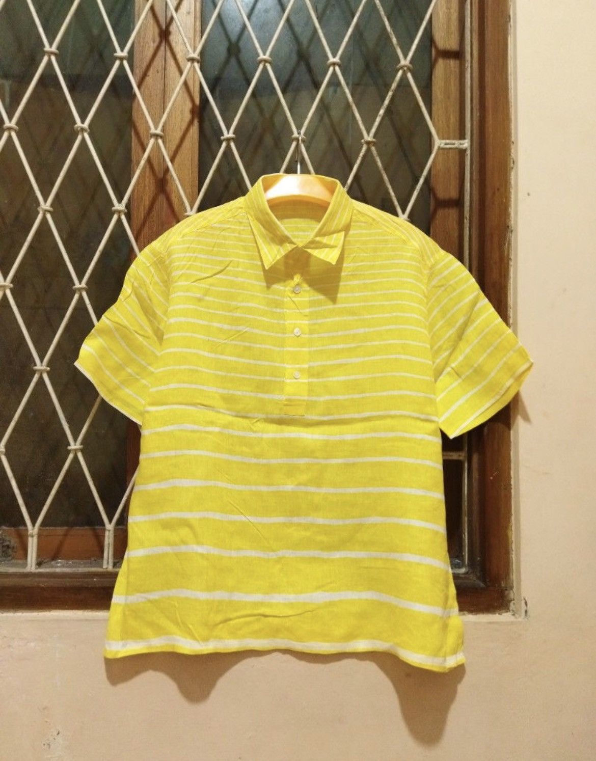 Hermes Vintage Hermes Paris Half Button Ups Linen Shirt Yellow Size US L / EU 52-54 / 3 - 4 Thumbnail
