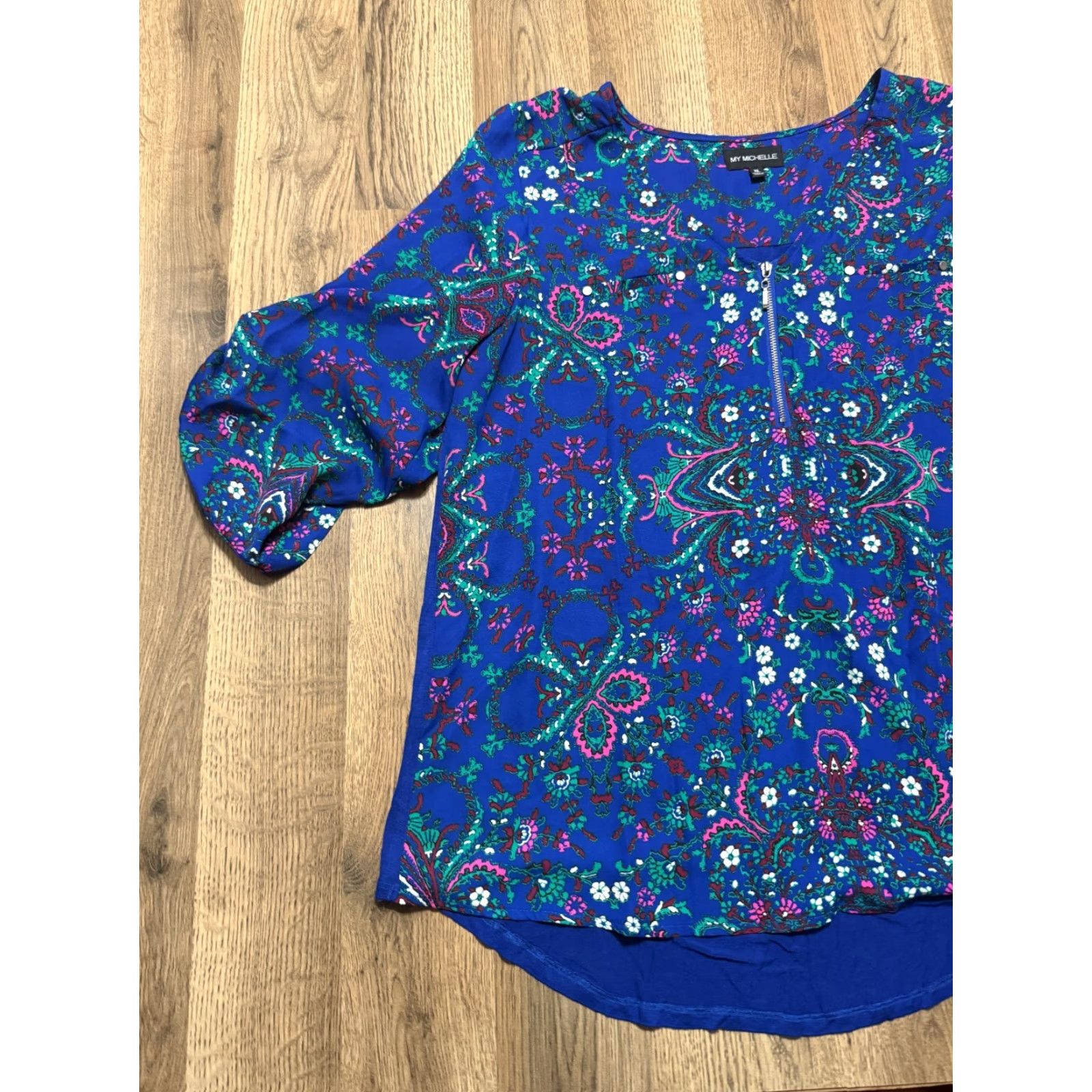 Vintage My Michelle Blouse Women's XL Blue Floral 3/4 Sleeve 1/4 Zipper Shirt Womens XL Blue Floral Modern Casual Size XL / US 12-14 / IT 48-50 - 3 Thumbnail