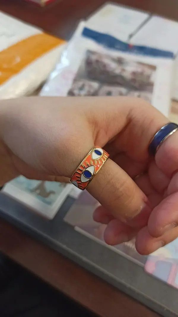 Jewelry Orange Enamel Engrave Turkish Evil Eye Ring Size ONE SIZE - 4 Thumbnail