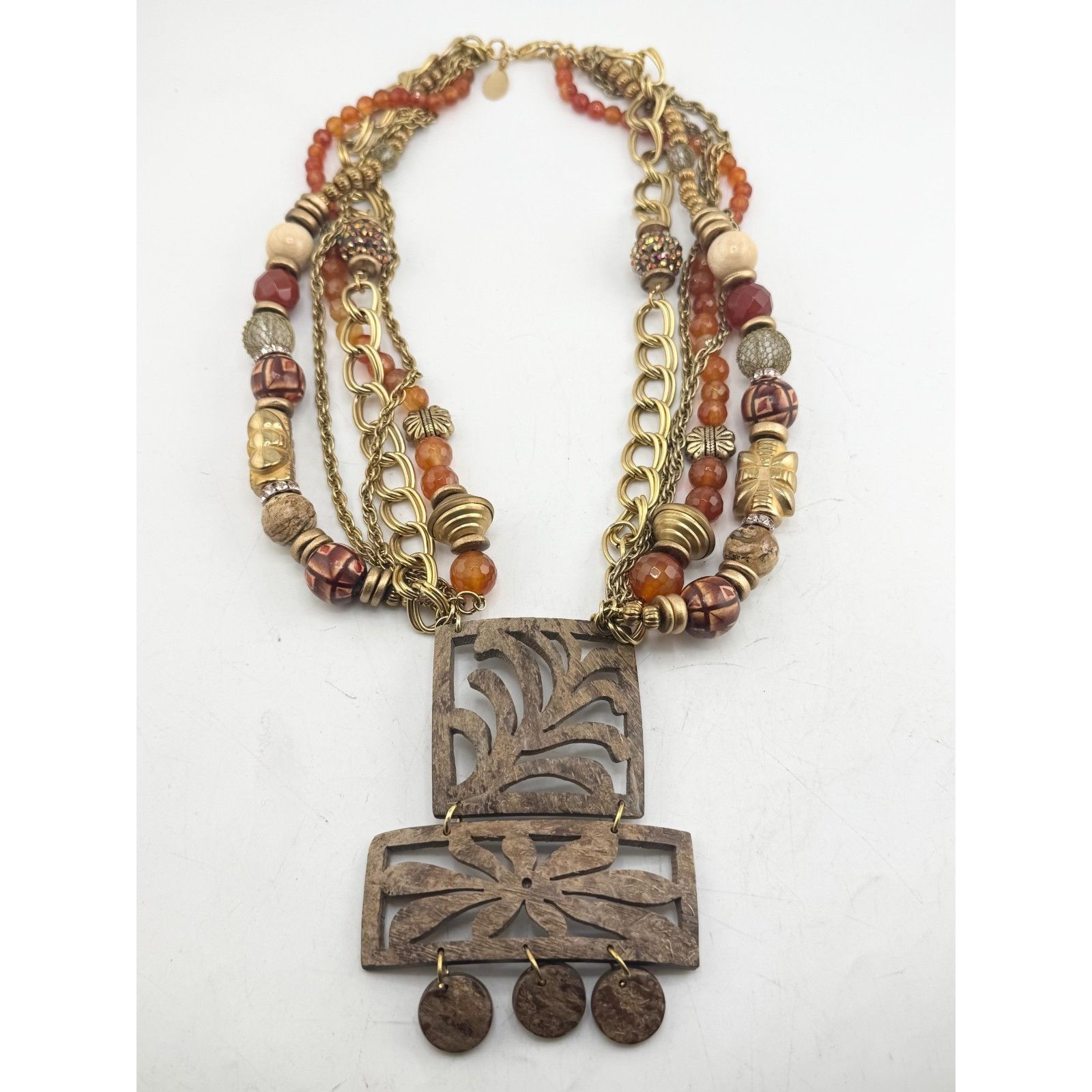 Vintage Vintage multi strand orange glass beaded bamboo wood pendant Size ONE SIZE - 1 Thumbnail