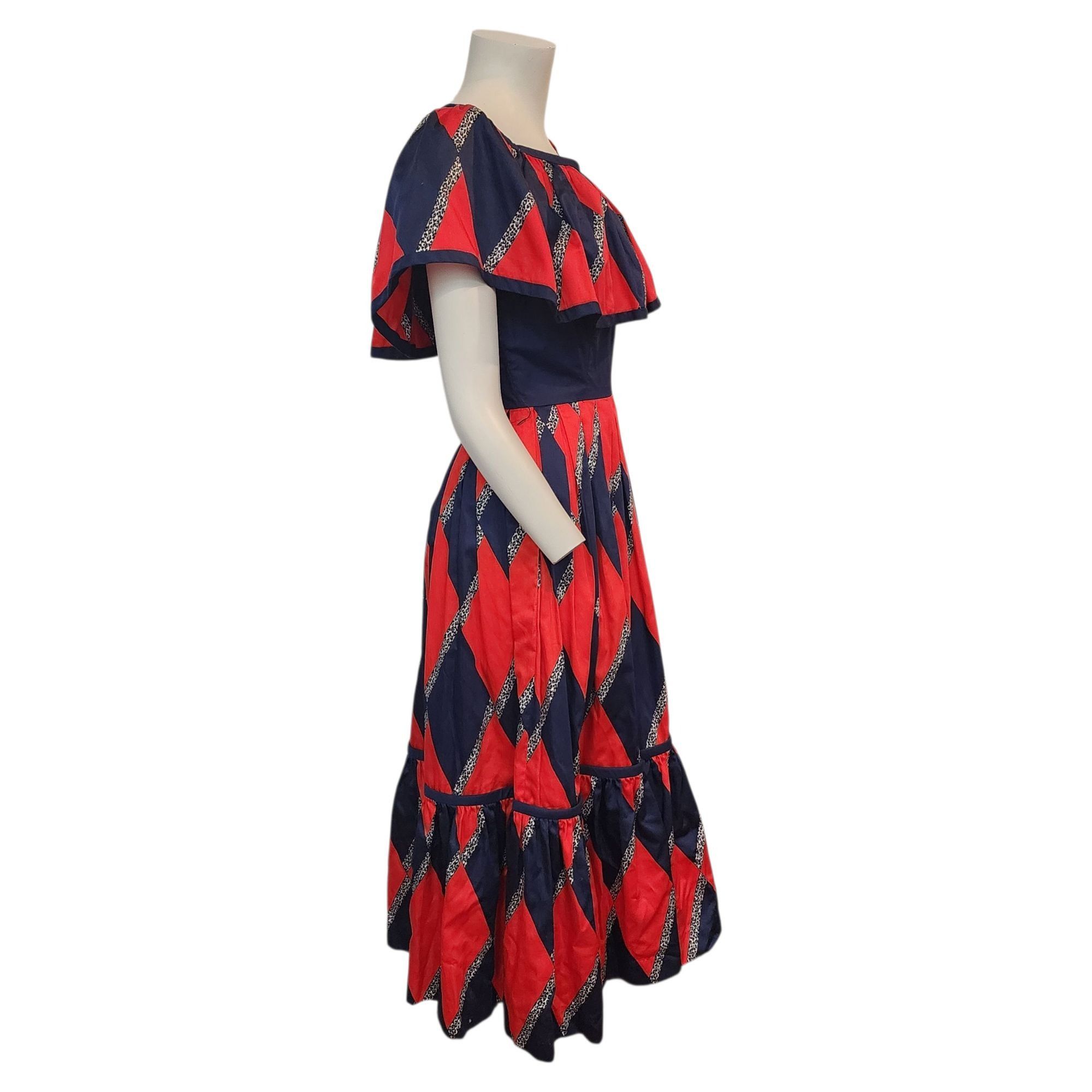 Other Vintage Mignon Dress 70s 80s Festive Party Retro Red Blue Vt Size S / US 4 / IT 40 - 3 Thumbnail