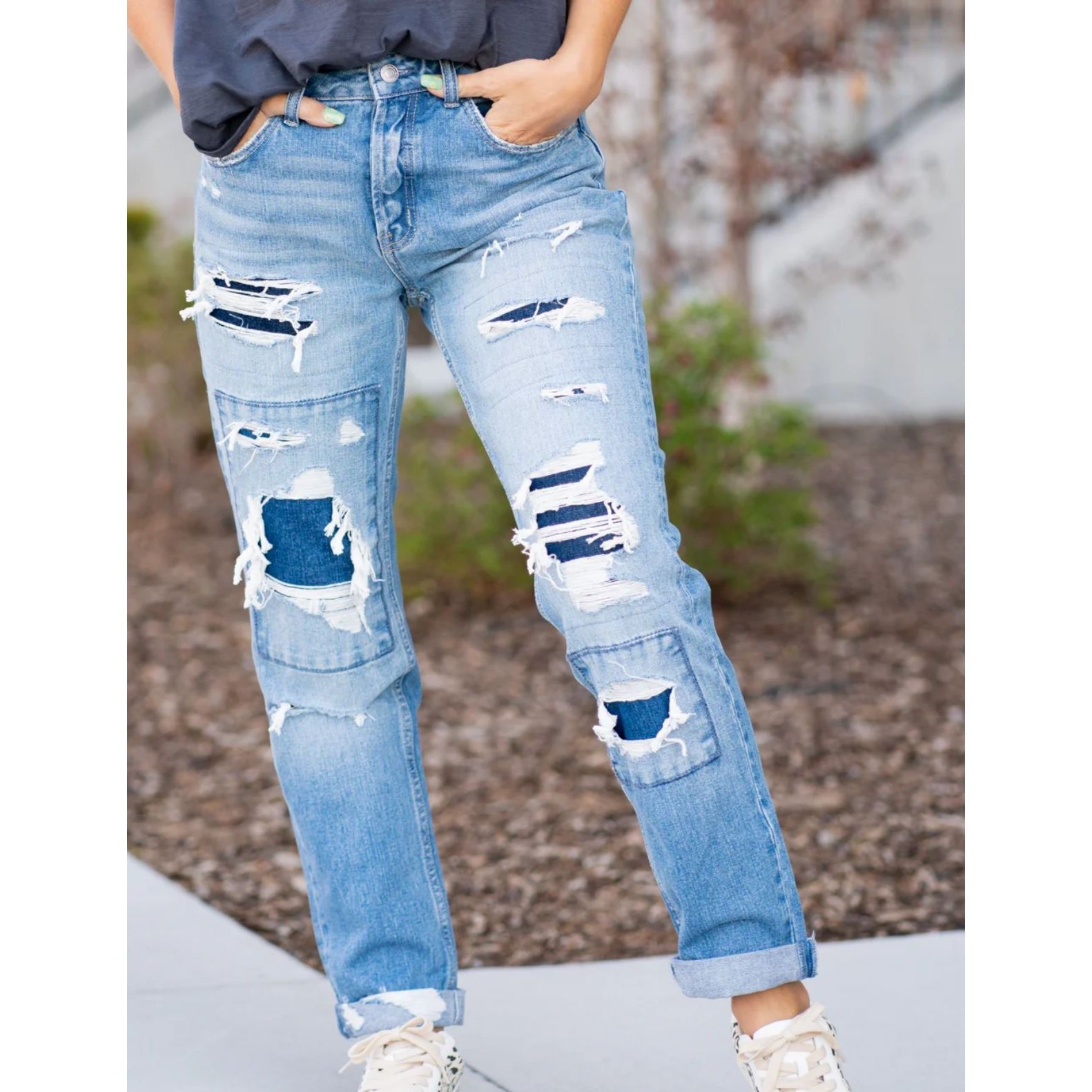 Flying Monkey Women's Mid Rise Button Fly Patchwork Jeans -