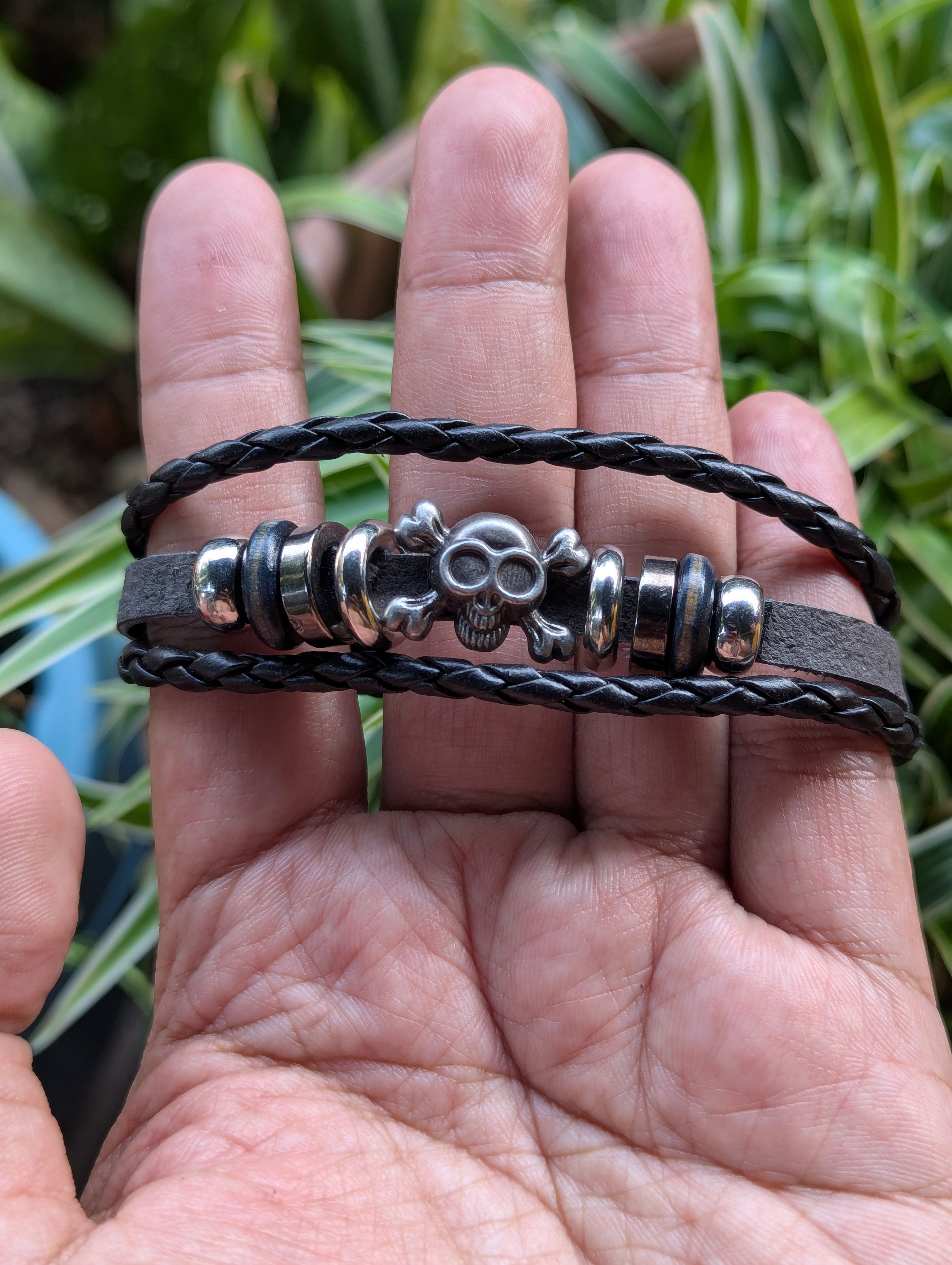 Seditionaries Braided Leather Bracelet with a Skull and Crossbones Charm Size ONE SIZE - 3 Thumbnail