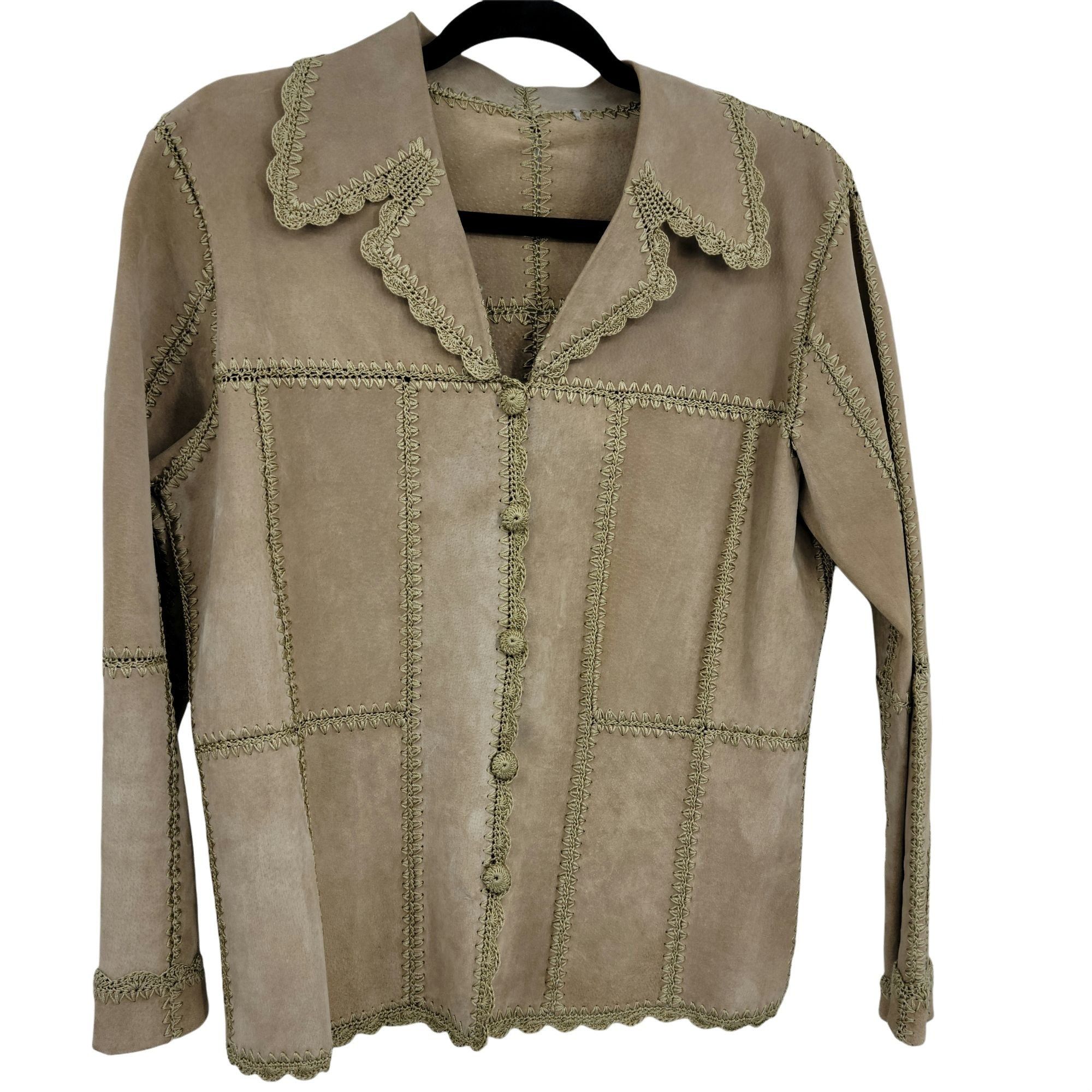 Vintage Vtg Boho Leather Shacket Jacket Sz M Tan Crochet Patchwork S Size M / US 6-8 / IT 42-44 - 11 Thumbnail