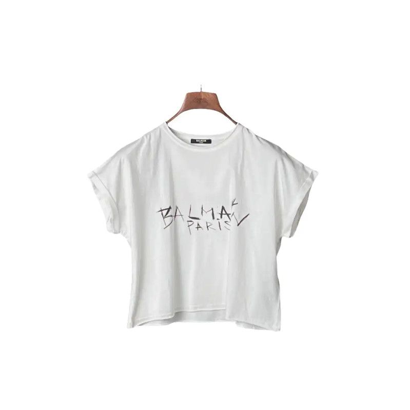 Balmain Balmain White Graphic Short Sleeve Crop T-Shirt 0089 Size L / US 10 / IT 46 - 1 Thumbnail