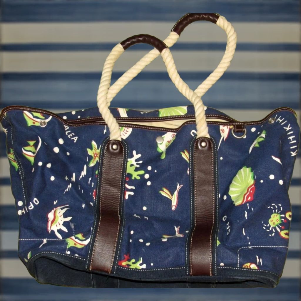 Vintage Vtg J CREW Canvas Leather Trim Tropical Beach Tote Bag Women Blue Cotton Tote Size ONE SIZE - 1 Thumbnail