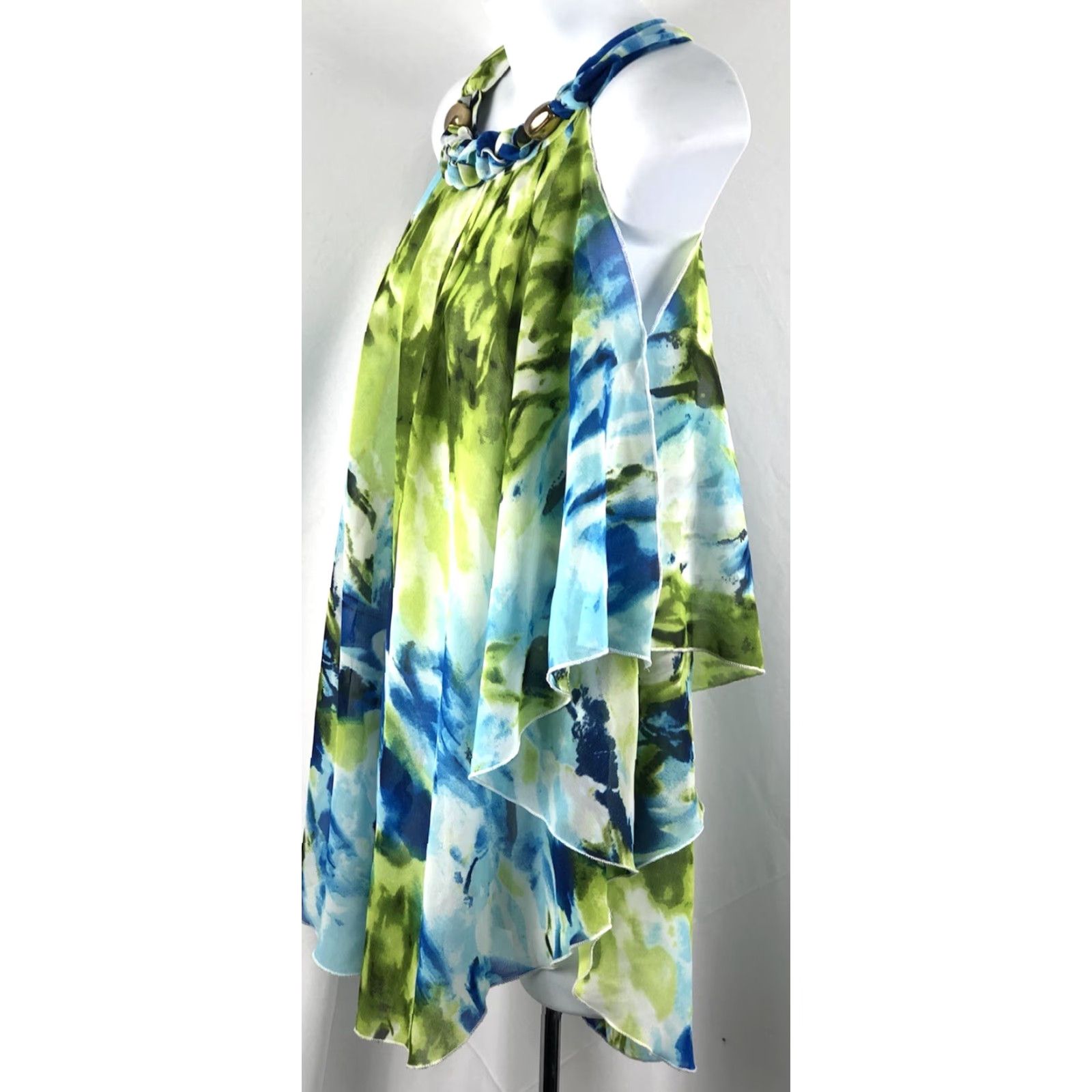 Vintage Cato Green Chiffon Cold Shoulder Top S Beaded Dolman Scoop Neck Geometric Beach Butterfly 90s Style Womens Shirt Size S / US 4 / IT 40 - 2 Thumbnail