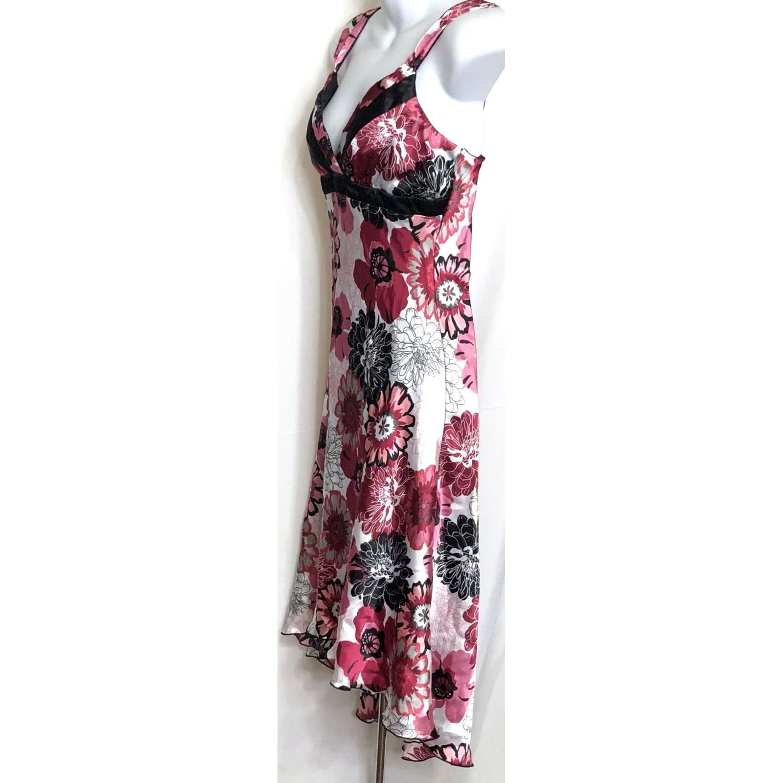 Pinko Vintage Byer Silky Sleeveless Surplice Hi Lo Dress 9 Pink Red Satin Floral Midi Size M / US 6-8 / IT 42-44 - 2 Thumbnail