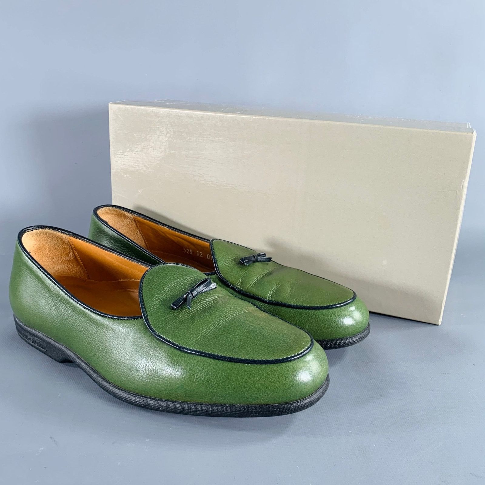 Testoni 8 Green Black Contrast Stitch Leather Slip On Loafers Size US 8 / EU 41 - 9 Thumbnail