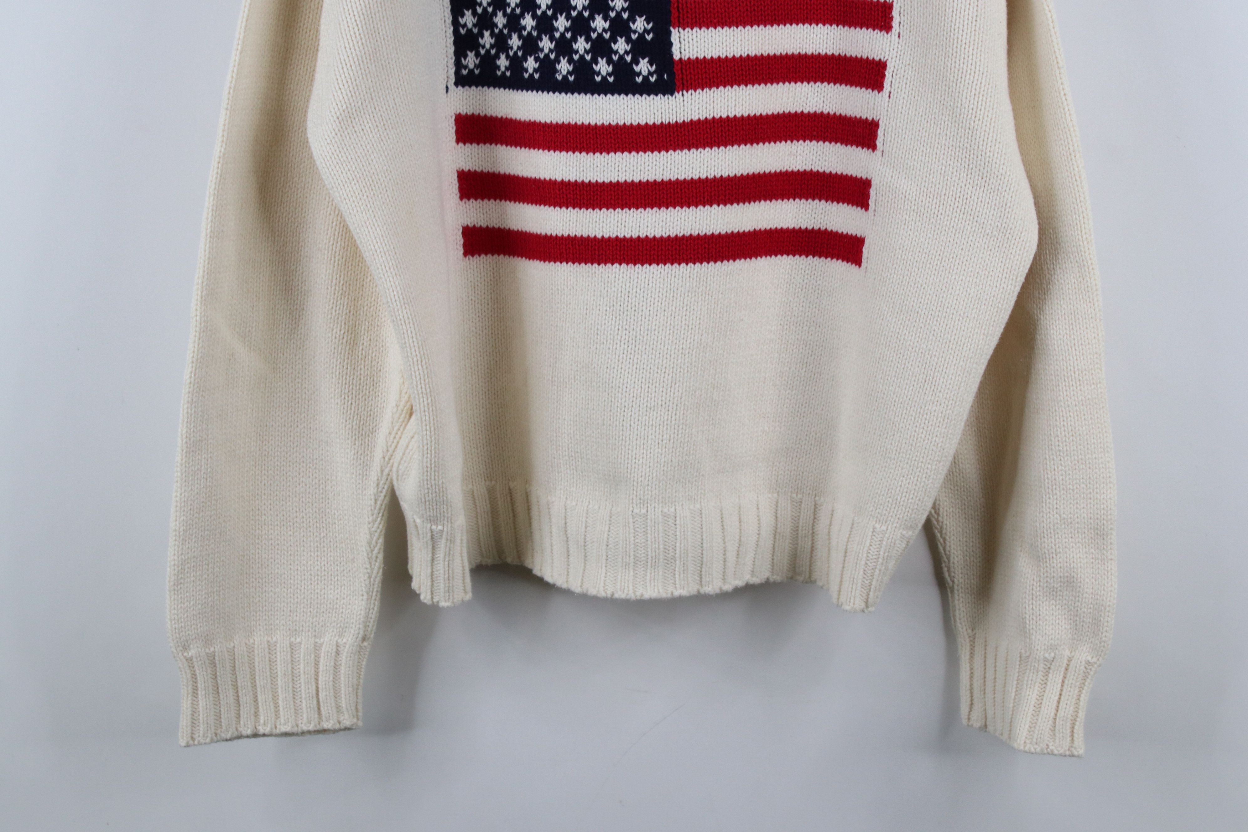 Vintage Vintage 90s Streetwear Flag Cotton Knit Sweater Cream USA Size XL / US 12-14 / IT 48-50 - 3 Thumbnail