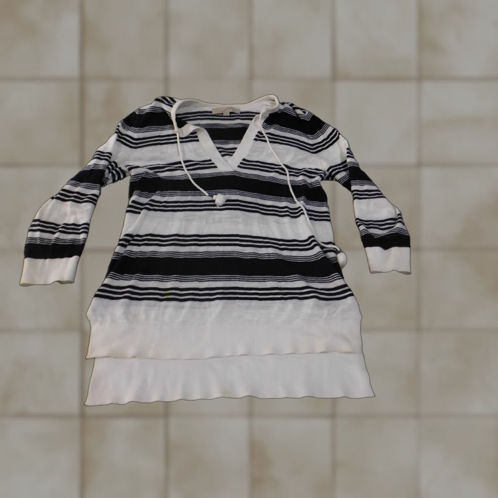 Loft LOFT Sweater Womens Small Black White Striped Long Sleeve Tunic Pullover Cotton V-Neck Drawstring Tassels Tunic Lightweight Knits Size S / US 4 / IT 40 - 1 Thumbnail