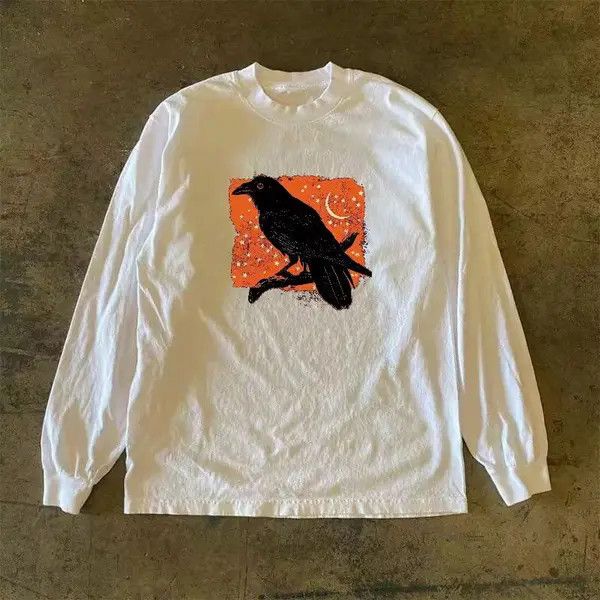Japanese Brand Kahara x Fuka White retro crow print long sleeve tee Size US L / EU 52-54 / 3 - 7 Thumbnail
