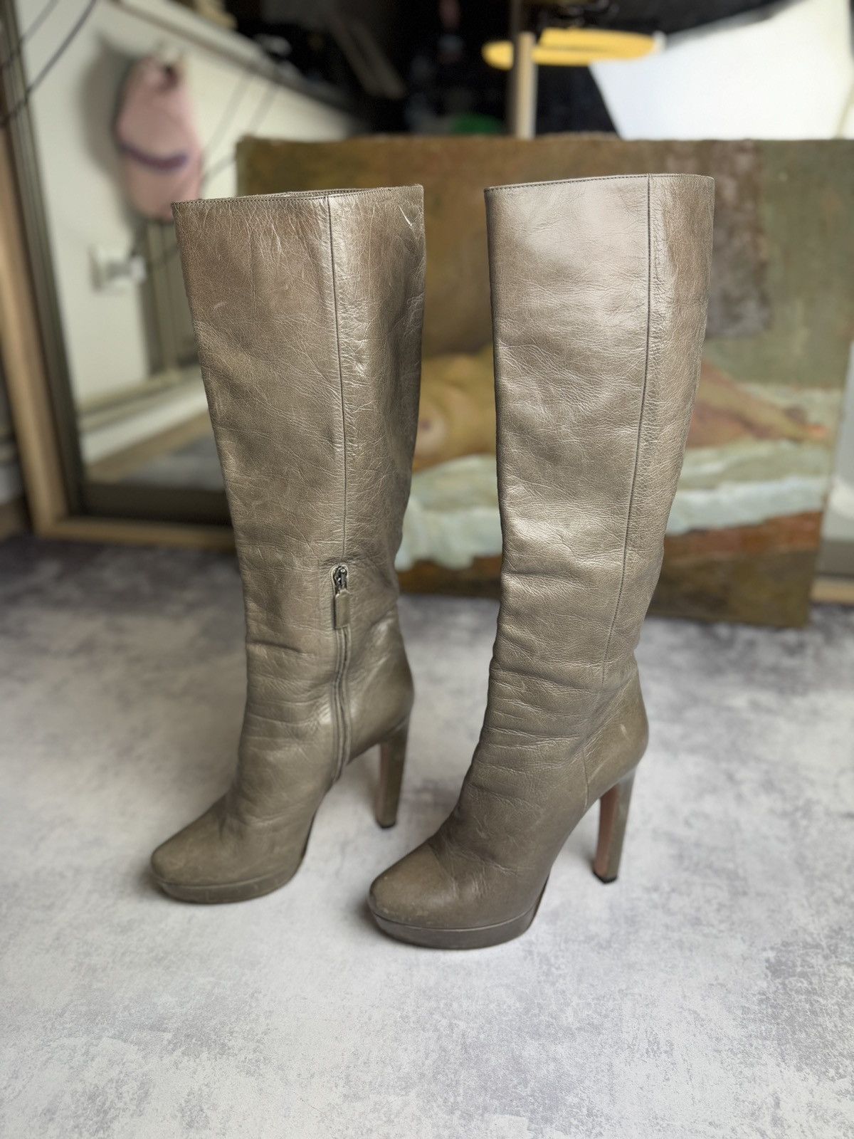 Archival Clothing x Italian Designers Prada Miu Miu Vintage Y2K Leather Knee Heel Shoes Boots in Grey, Women's (Size 9)