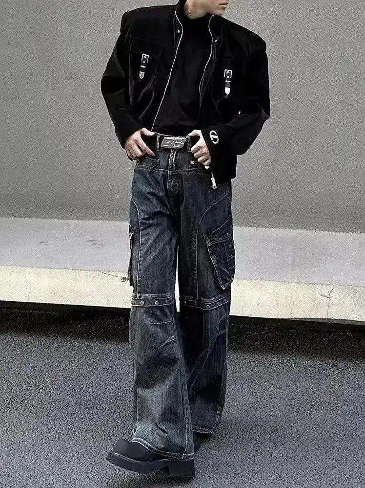 Japanese Brand Retro heavy duty workwear large pocket wide leg cargo jeans Size US 33 - 6 Thumbnail