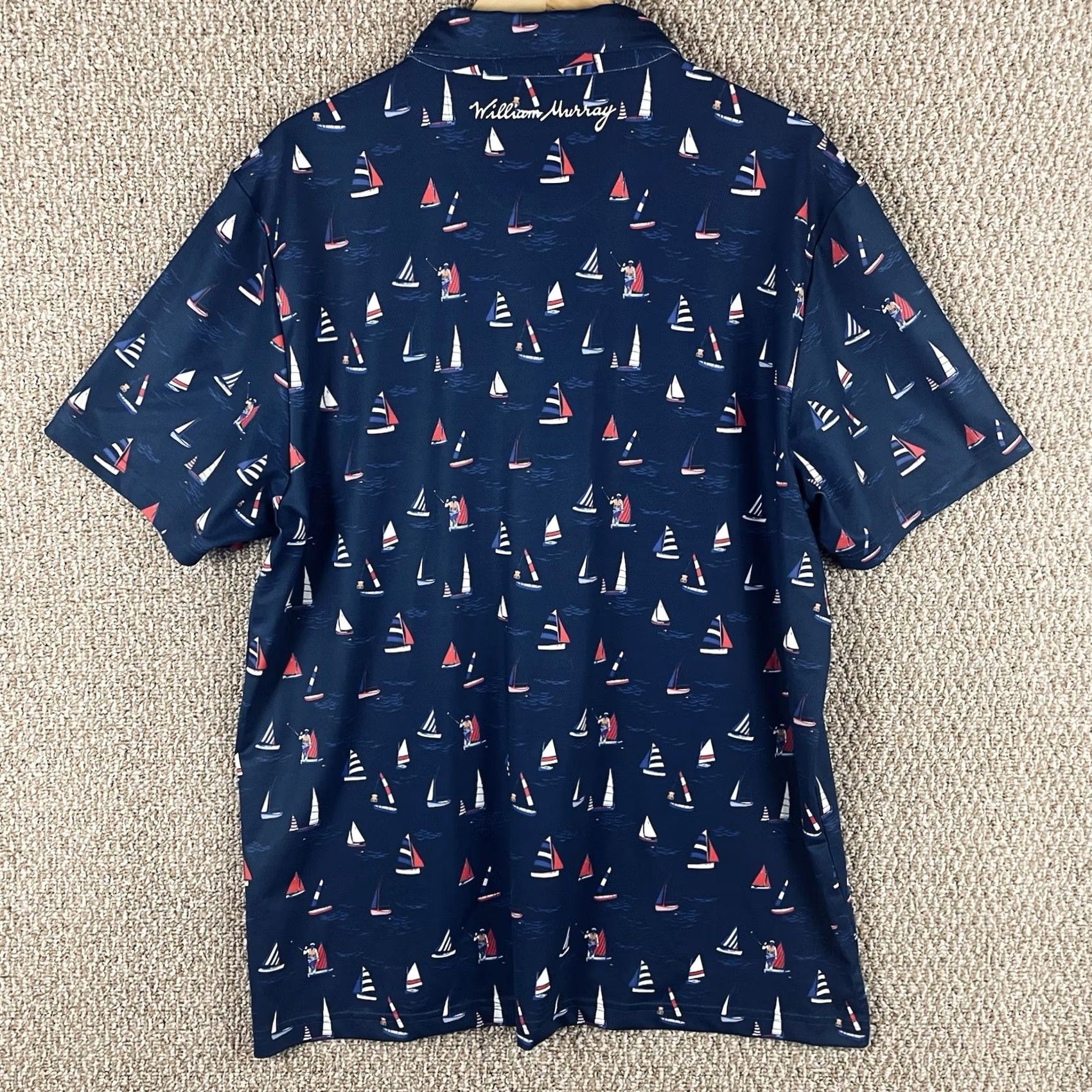 Vintage William Murray Polo Shirt Mens XL Blue Sail Boat Nautical Print Performance T356 Size US XL / EU 56 / 4 - 2 Thumbnail