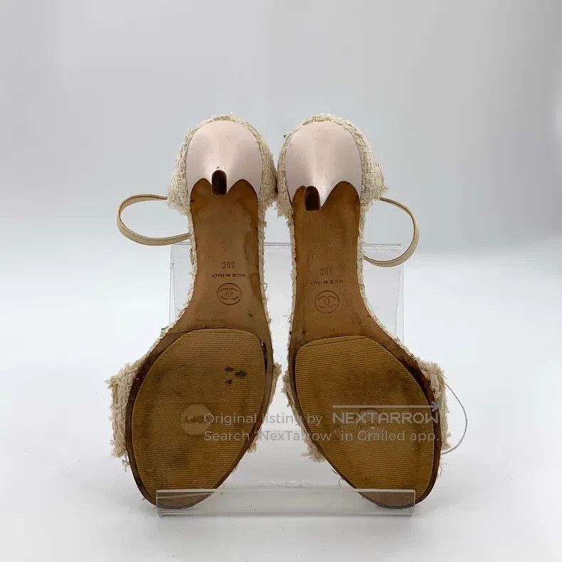Chanel Chanel Beige bow tweed thin-heeled high-heeled sandals Size US 7.5 / IT 37.5 - 5 Thumbnail