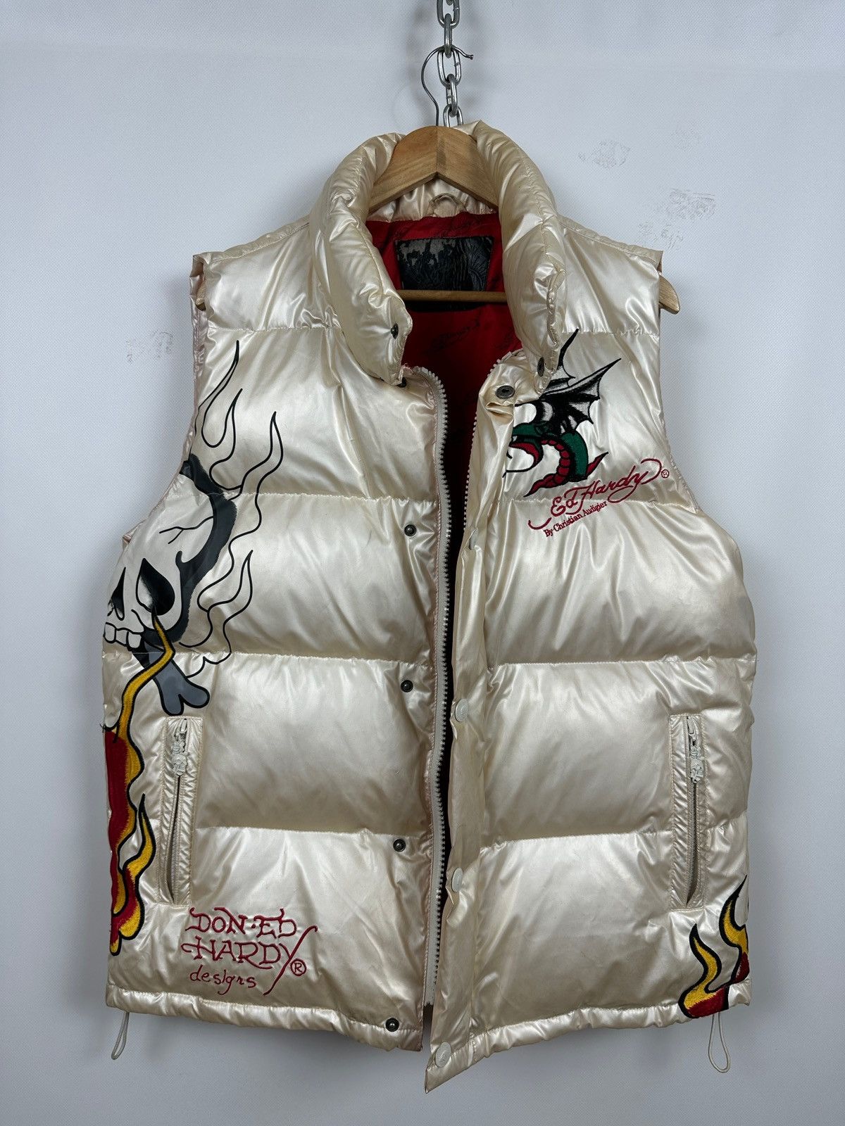 Christian Audigier Vintage Ed Hardy Flaming Skull Down Puffer Vest Size US L / EU 52-54 / 3 - 4 Thumbnail