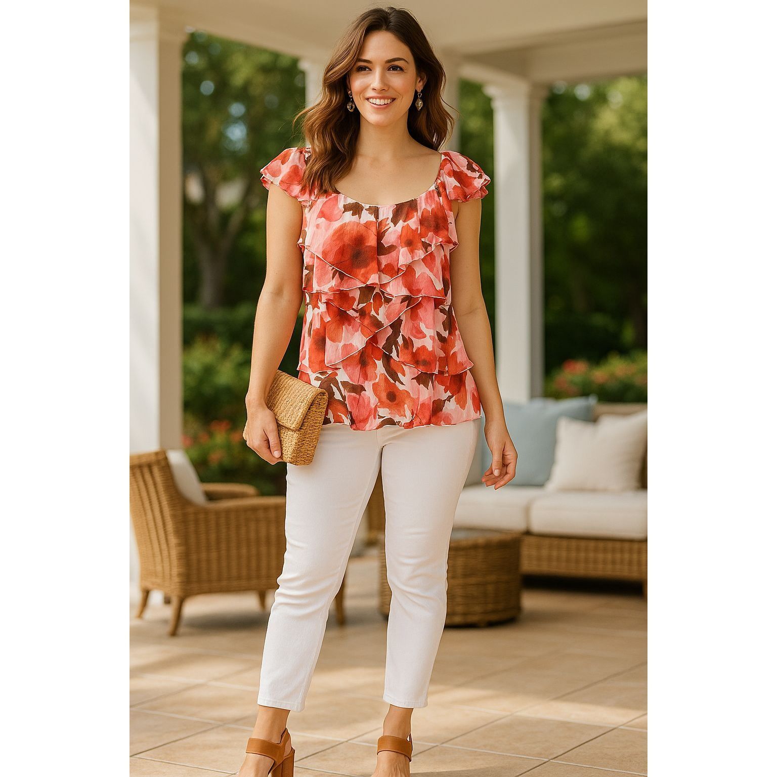 Other AGB Small East Hamptons Ruffle Blouse Pink Coral Floral Laye Size S / US 4 / IT 40 - 1 Thumbnail