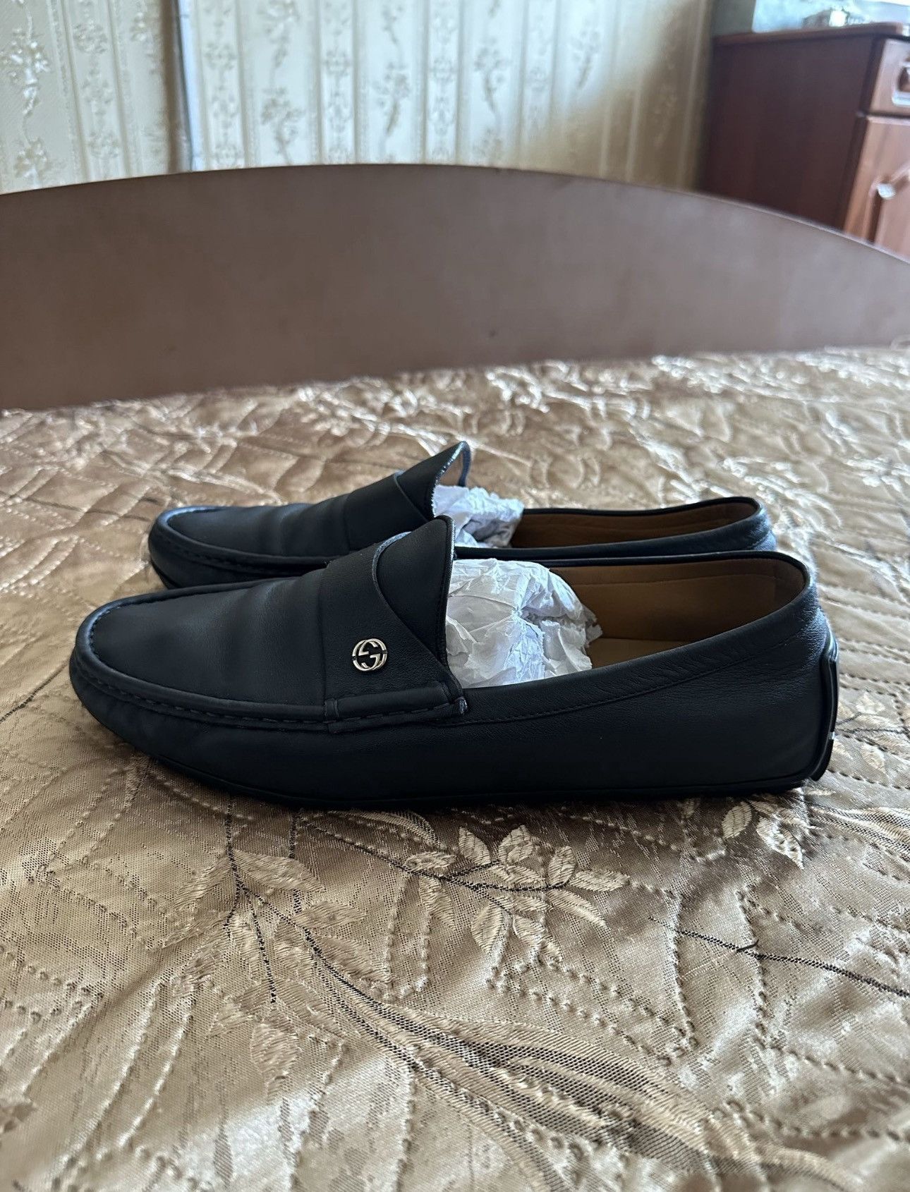 Gucci GG Logo Navy Blue Leather Loafers Shoes Vintage Boots, Men's (Size 11)