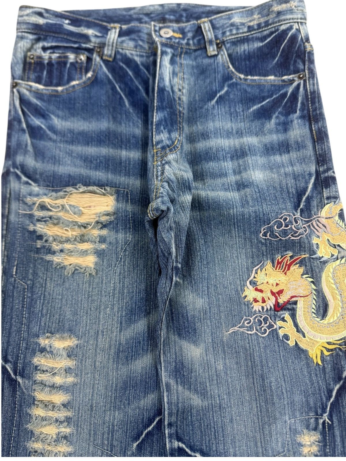 Karakuri Tamashii Vintage Karakuri Tamashii Dragon Embroidery Baggy Jeans Size US 31 - 2 Thumbnail