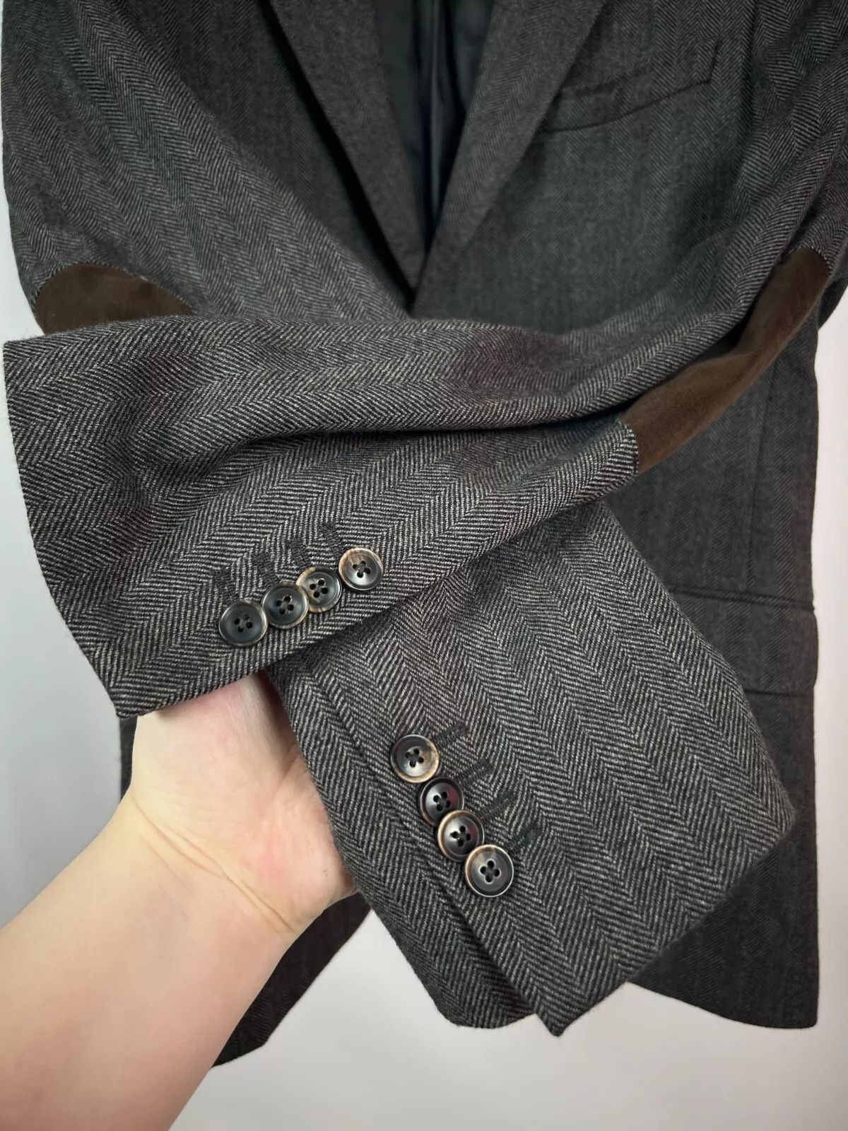 Massimo Dutti Massimo Dutti Grey Herringbone Wool Elbow Patches Blazer Size 40R - 10 Thumbnail