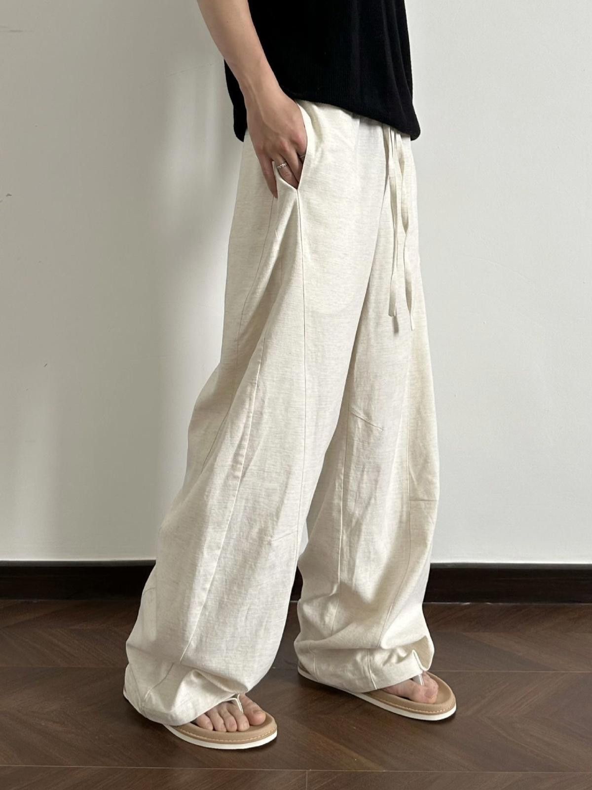 Beige Wide Leg Casual Linen Pants, Loose Fit Trousers