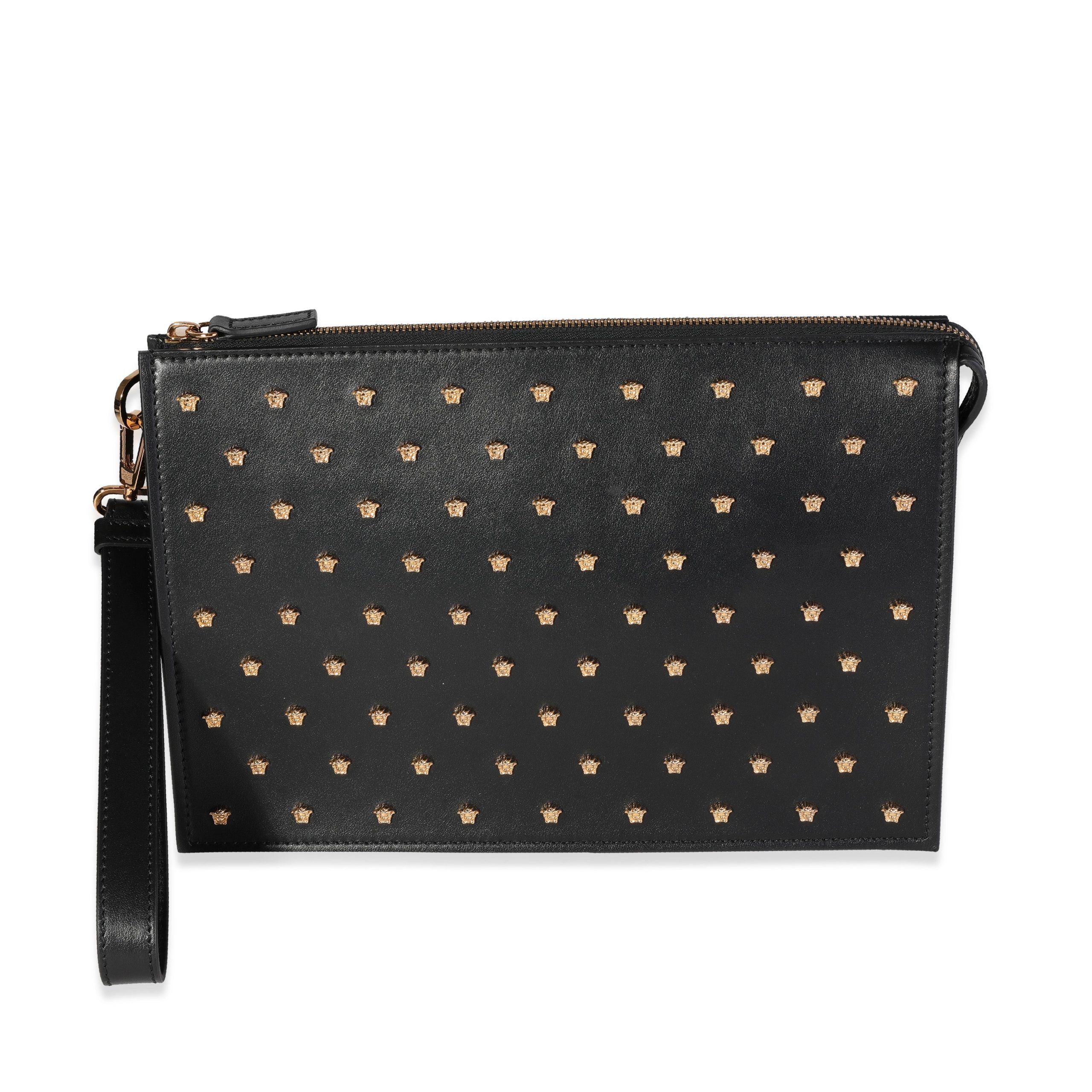 image of Versace Black Vitello Medusa Studded Pouch, Women's