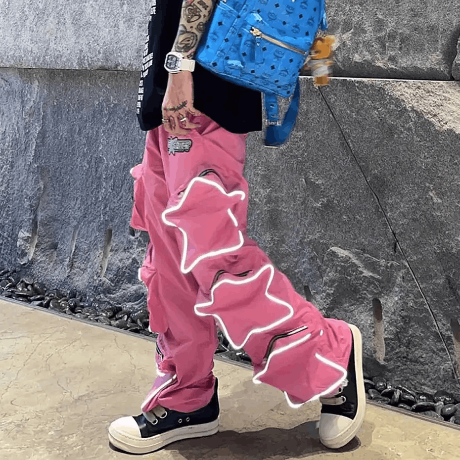 Designer Reflective pants with stars and pockets hip-hop Harajuku Size US 31 - 1 Thumbnail