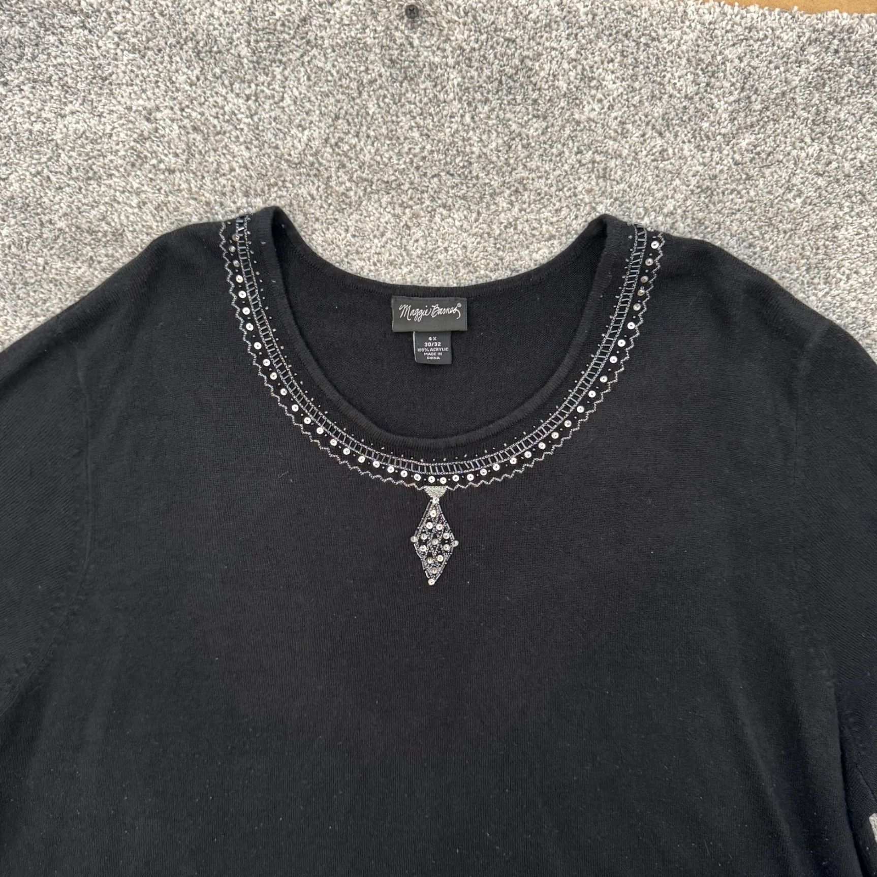 Vintage VINTAGE Maggie Barnes Sweater 4X 30/32 Plus Sequins Beaded Necktie Glam Raglan Sleeve 3/4 Black Womens Pullover Knit Acrylic Holiday Retro 90s Glam Size XXL / US 16-18 / IT 52-54 - 2 Thumbnail