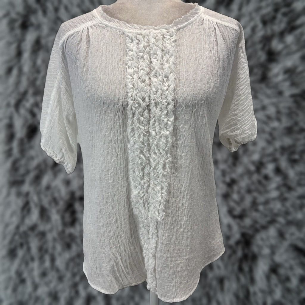 Vintage VINTAGE Sundance Blouse Shirt Women White Short Sleeve Round Neck Crinkle Ruffle S Small 100% Cotton Women’s Mock-Up Size S / US 4 / IT 40 - 1 Thumbnail